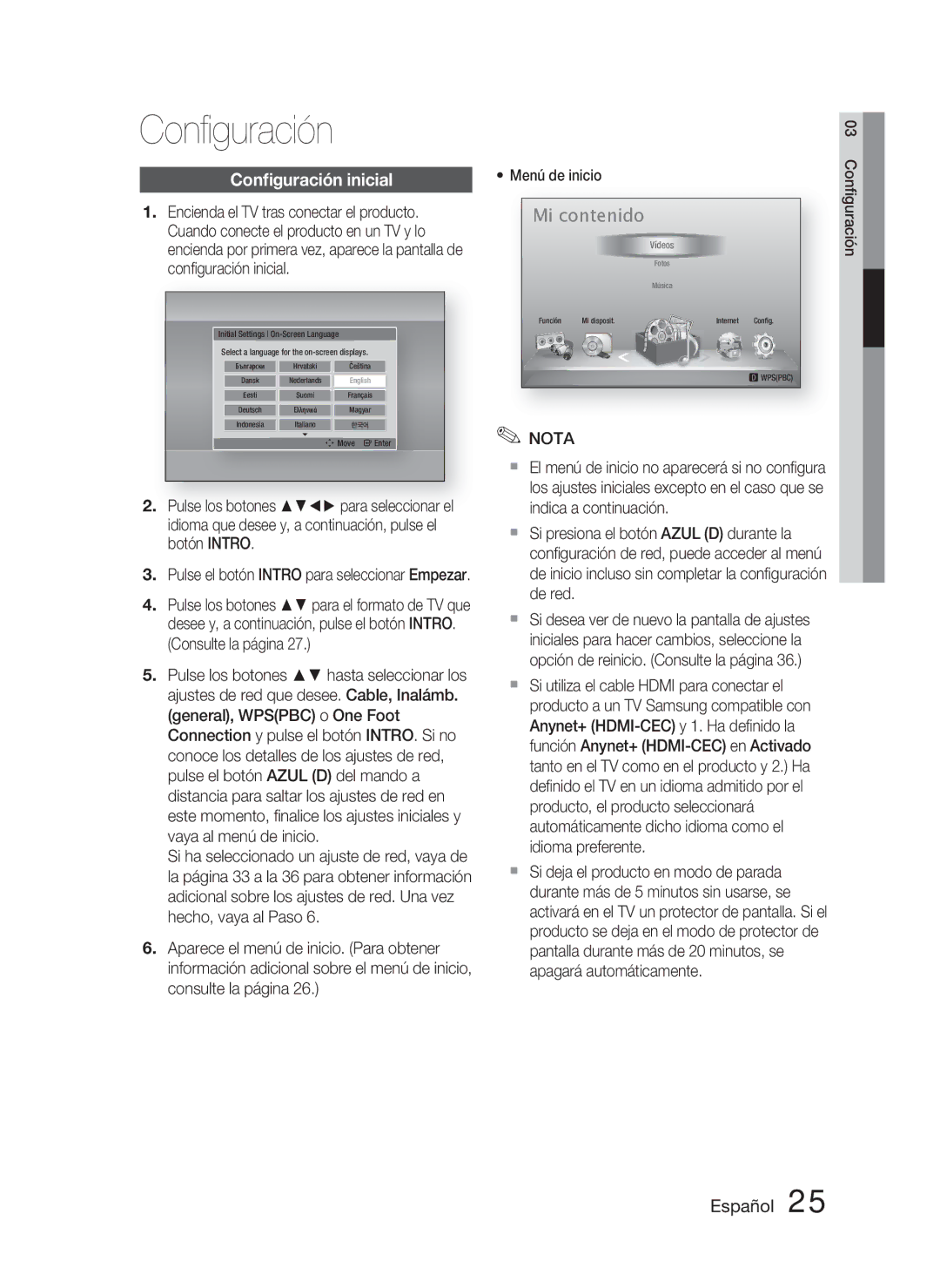 Samsung HT-D4500/ZF manual Conﬁguración inicial, Menú de inicio, Pulse el botón Intro para seleccionar Empezar 