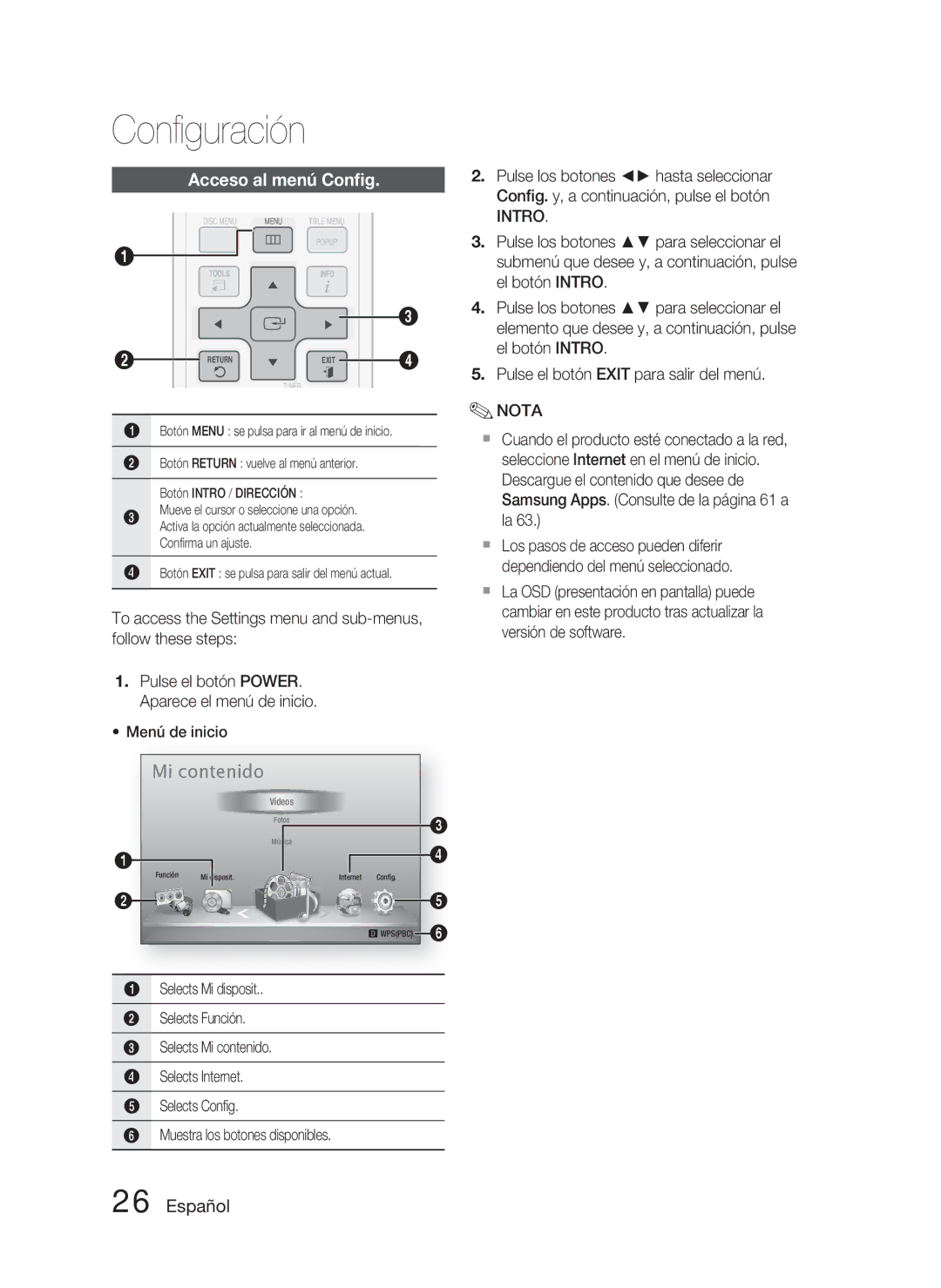 Samsung HT-D4500/ZF manual Acceso al menú Conﬁg, Intro, Conﬁg. y, a continuación, pulse el botón 