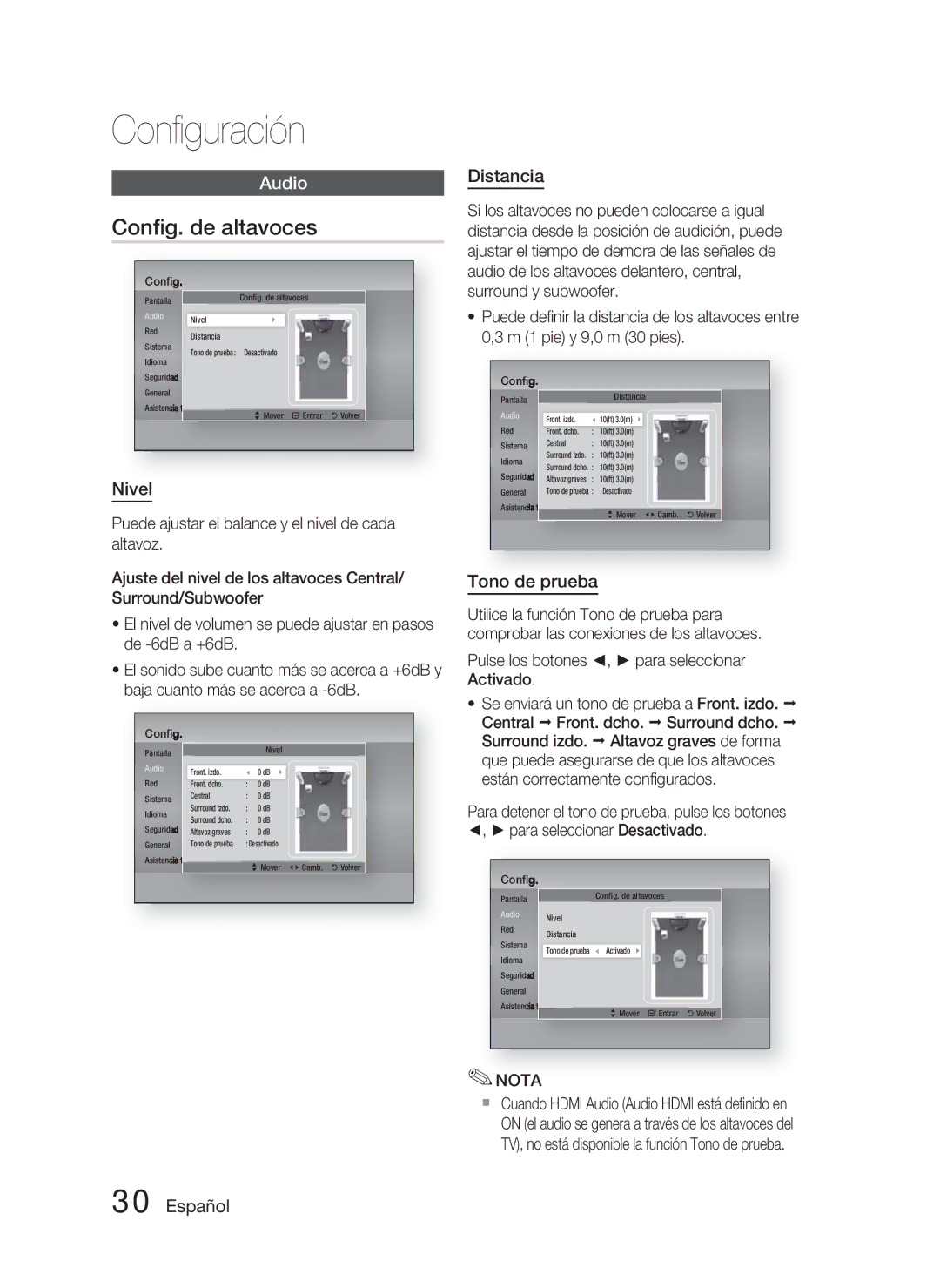 Samsung HT-D4500/ZF Conﬁg. de altavoces, Nivel, Distancia, Tono de prueba, Pulse los botones , para seleccionar Activado 