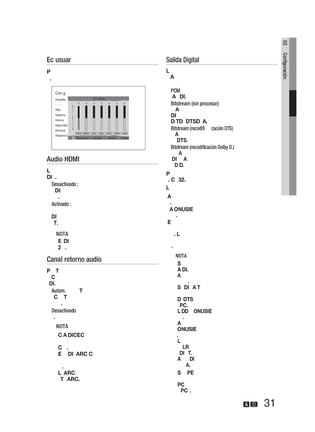 Samsung HT-D4500/ZF manual Ec usuar, Audio Hdmi, Canal retorno audio, Salida Digital 