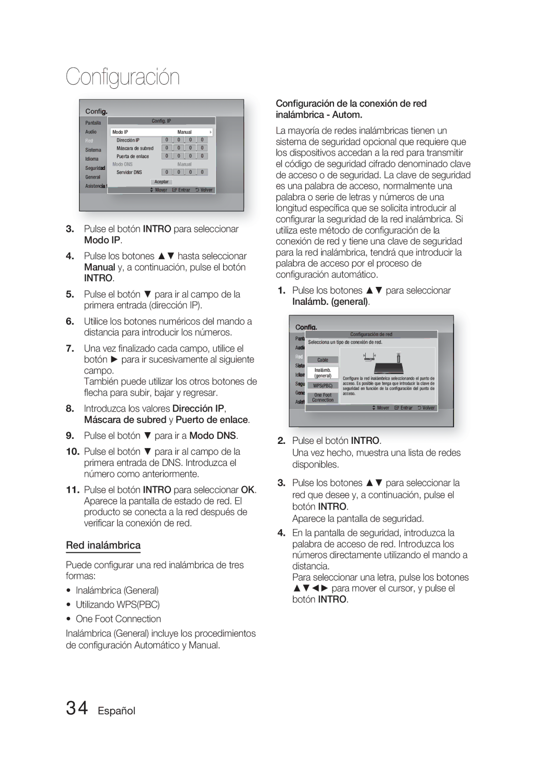 Samsung HT-D4500/ZF manual Red inalámbrica, Pulse el botón Intro para seleccionar Modo IP 