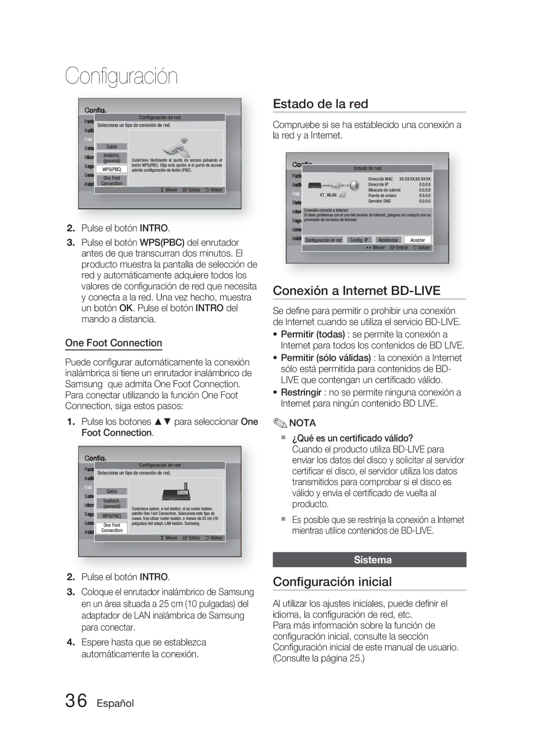 Samsung HT-D4500/ZF Estado de la red, Conexión a Internet BD-LIVE, Conﬁguración inicial, One Foot Connection, Sistema 