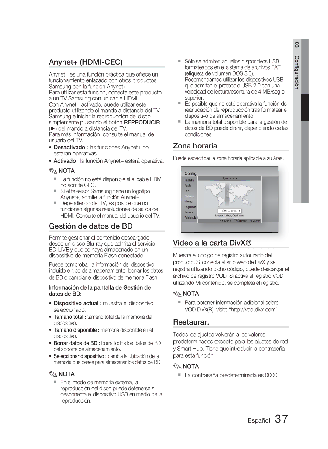 Samsung HT-D4500/ZF manual Anynet+ HDMI-CEC, Gestión de datos de BD, Zona horaria, Vídeo a la carta DivX, Restaurar 