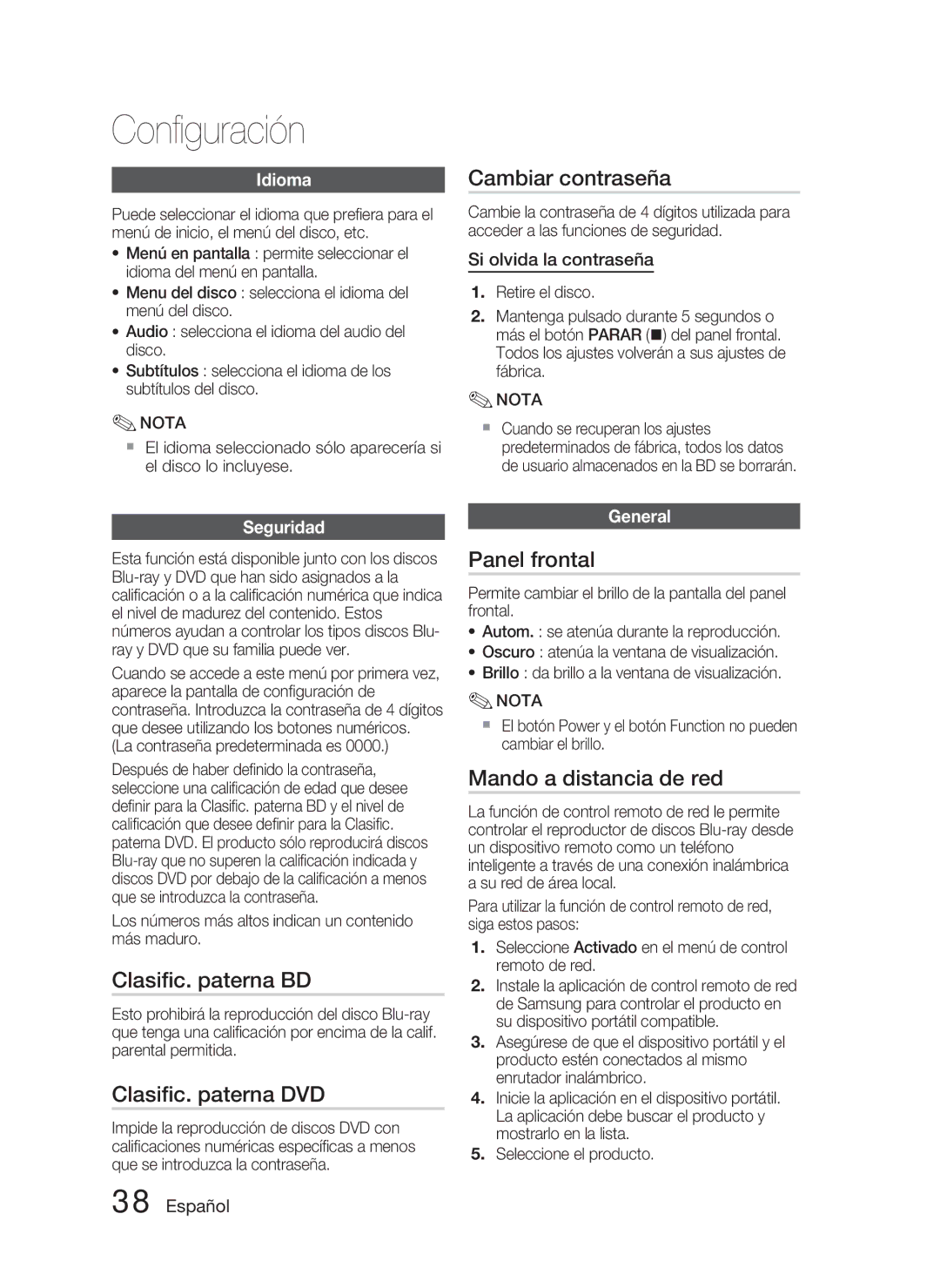 Samsung HT-D4500/ZF manual Clasiﬁc. paterna BD, Clasiﬁc. paterna DVD, Mando a distancia de red 