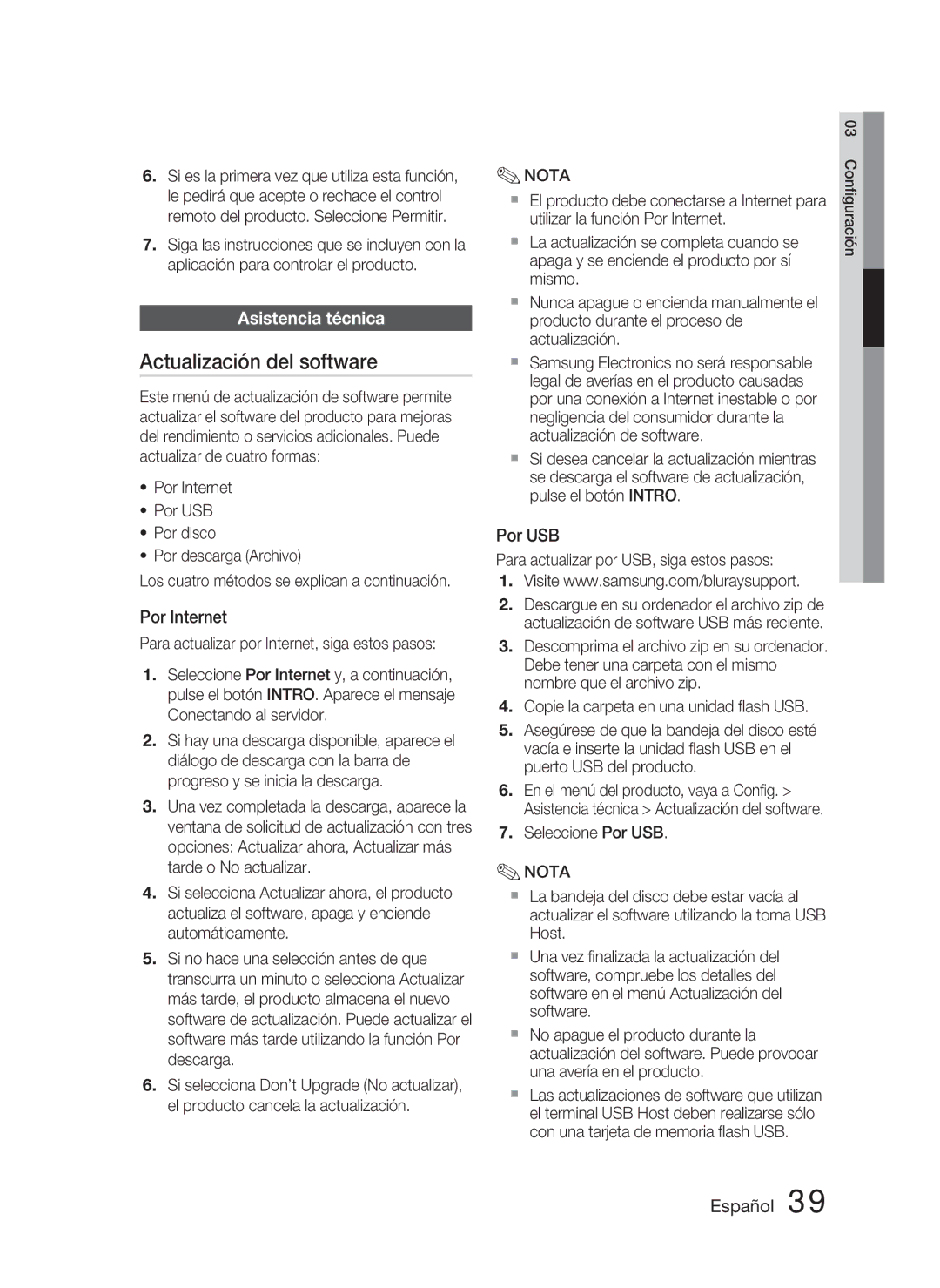 Samsung HT-D4500/ZF manual Actualización del software, Asistencia técnica, Por Internet, Por USB 