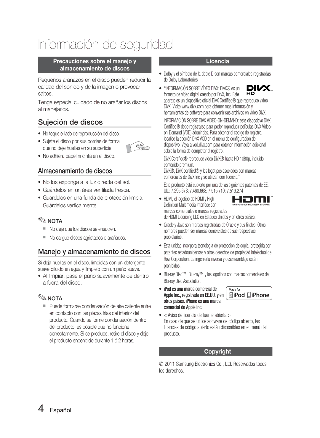 Samsung HT-D4500/ZF manual Sujeción de discos, Almacenamiento de discos, Manejo y almacenamiento de discos 