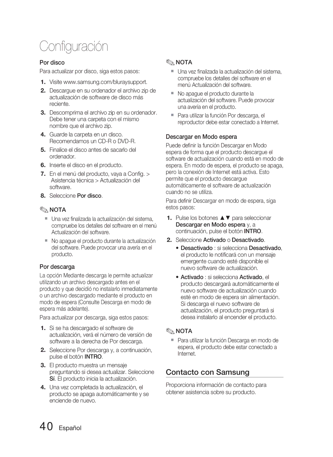 Samsung HT-D4500/ZF manual Contacto con Samsung, Por disco, Por descarga, Descargar en Modo espera 