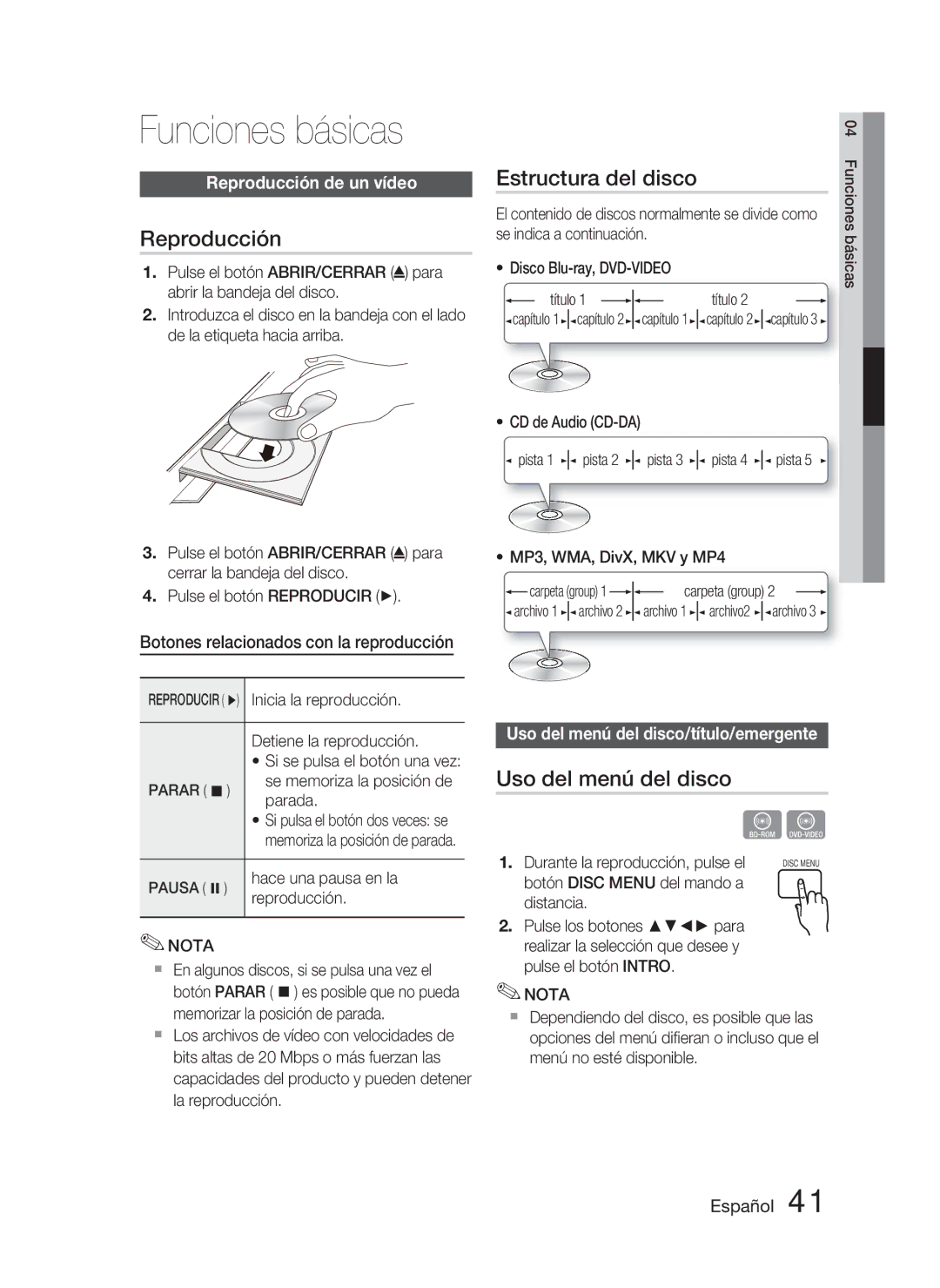 Samsung HT-D4500/ZF manual Funciones básicas, Reproducción, Estructura del disco, Uso del menú del disco 