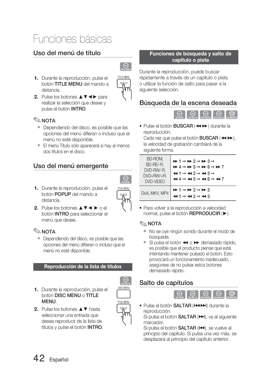 Samsung HT-D4500/ZF Uso del menú de título, Búsqueda de la escena deseada, Uso del menú emergente, Salto de capítulos 