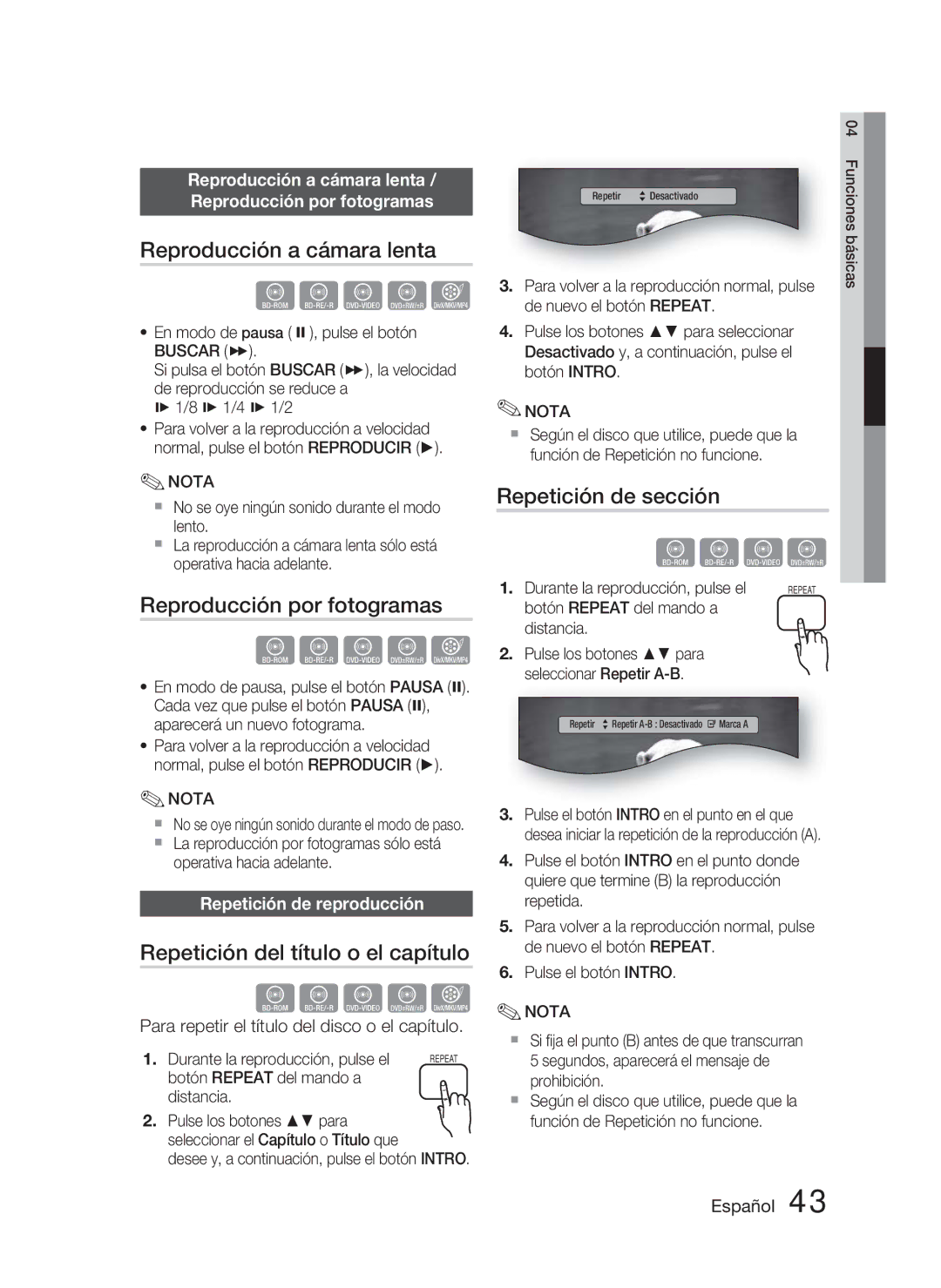 Samsung HT-D4500/ZF manual Reproducción a cámara lenta, Reproducción por fotogramas, Repetición del título o el capítulo 