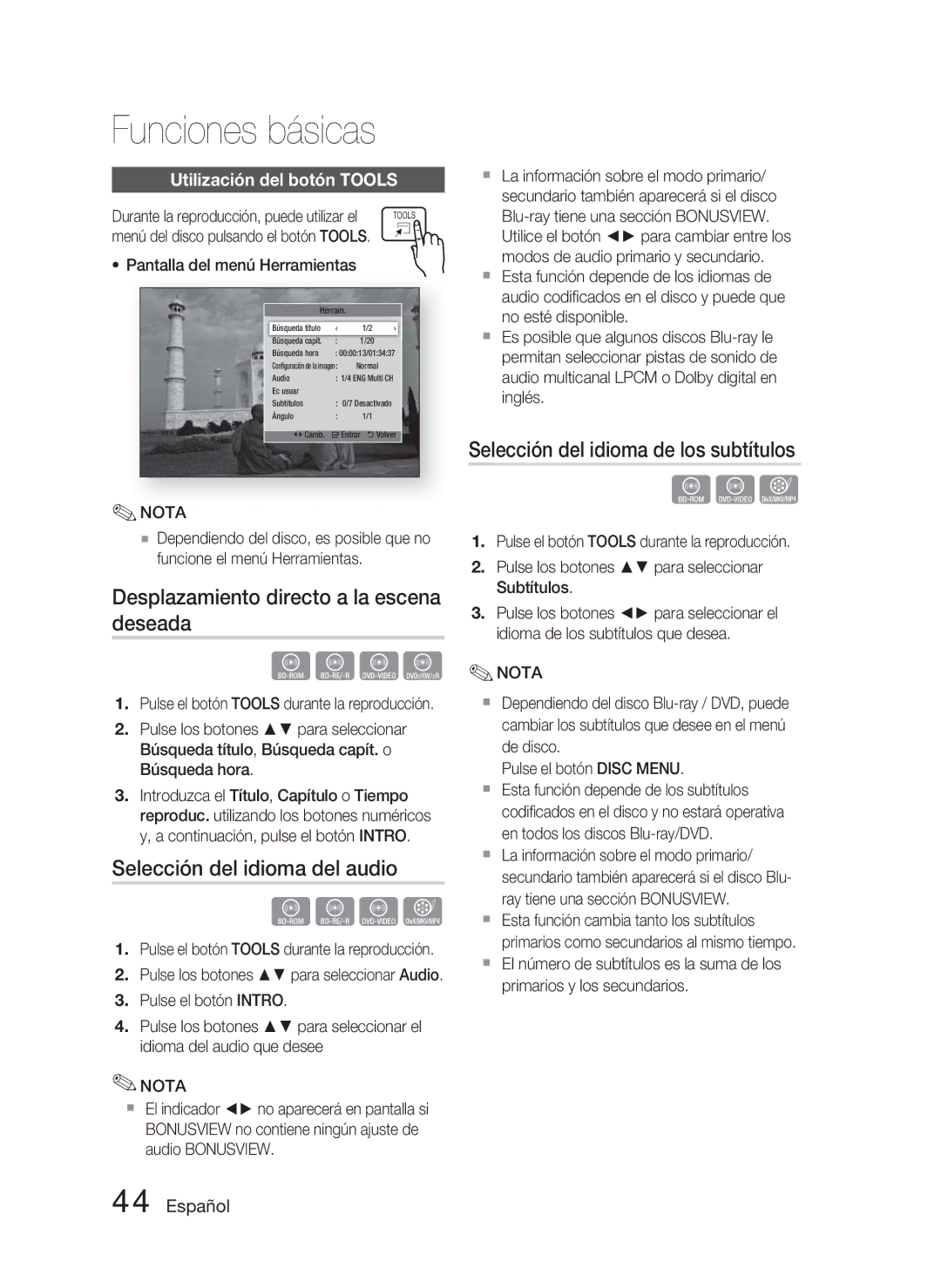 Samsung HT-D4500/ZF manual Desplazamiento directo a la escena deseada, Selección del idioma del audio 