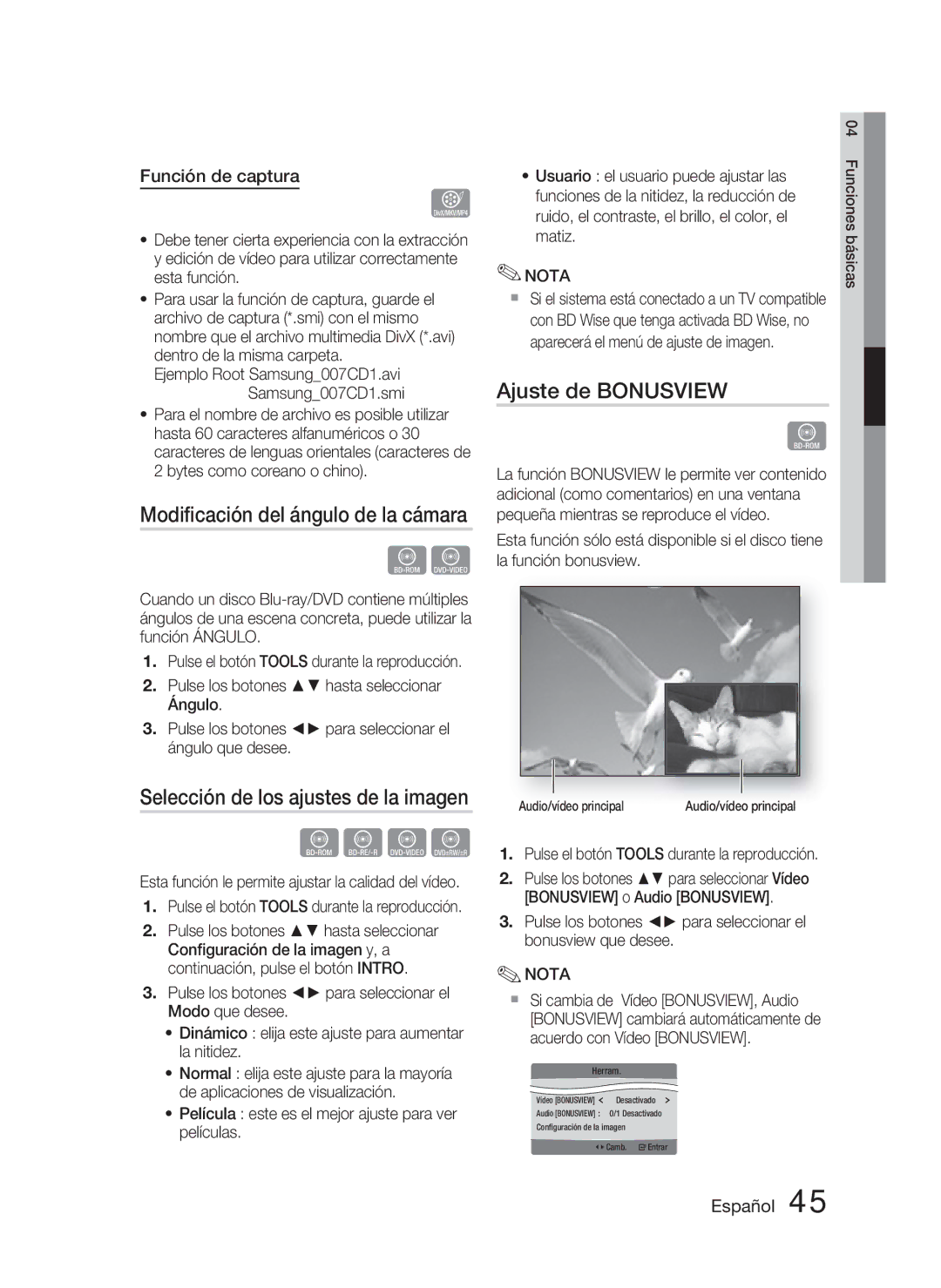 Samsung HT-D4500/ZF manual Modiﬁcación del ángulo de la cámara, Ajuste de Bonusview, Función de captura 