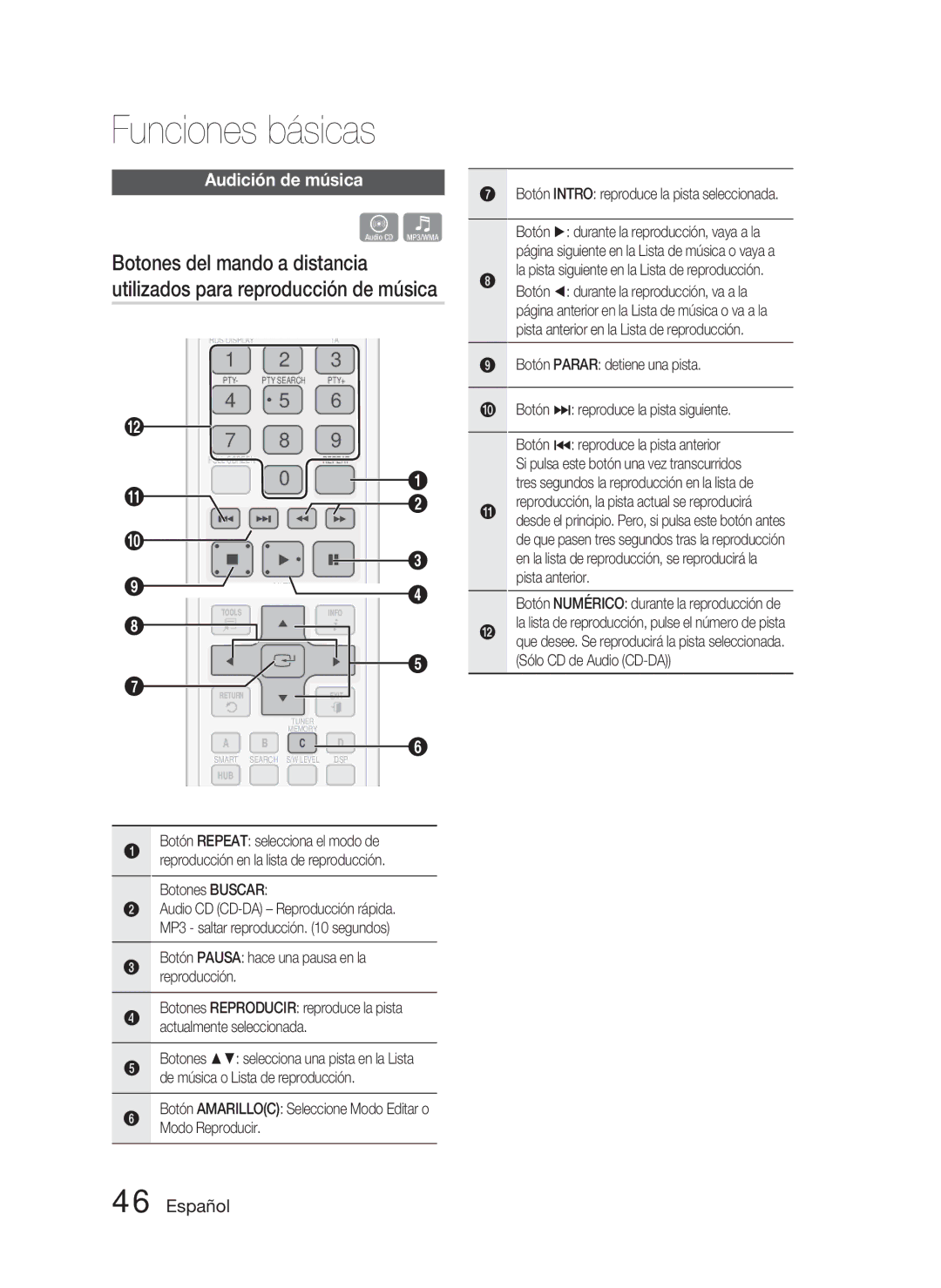 Samsung HT-D4500/ZF manual Audición de música, Botones Buscar, Botón Numérico durante la reproducción de 