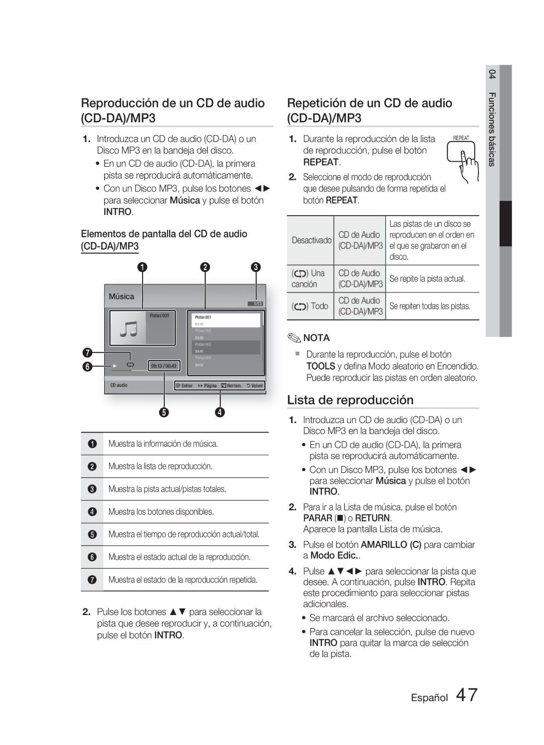 Samsung HT-D4500/ZF manual Reproducción de un CD de audio CD-DA/MP3, Repetición de un CD de audio CD-DA/MP3, Repeat 