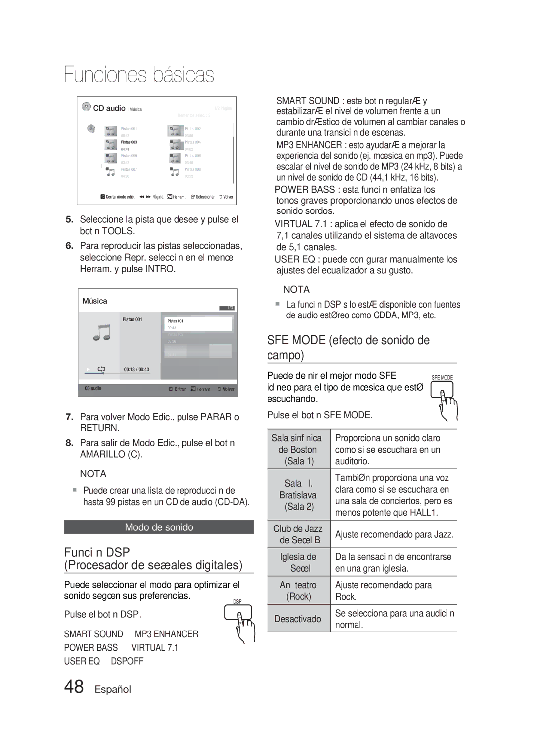 Samsung HT-D4500/ZF manual SFE Mode efecto de sonido de campo, Función DSP Procesador de señales digitales, Modo de sonido 