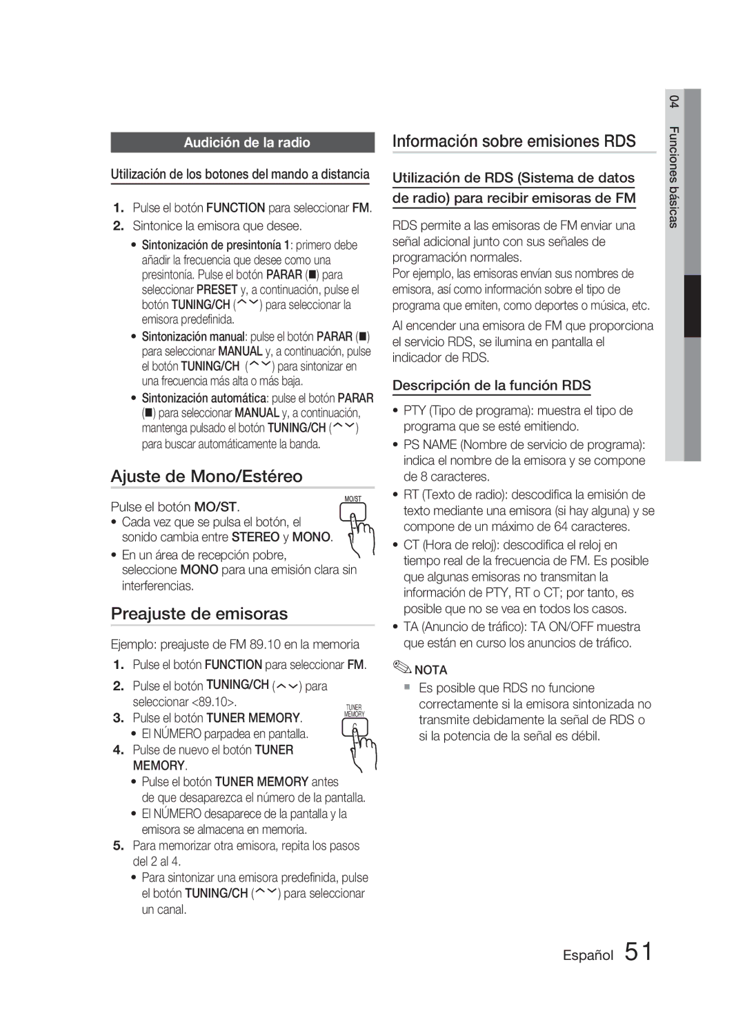 Samsung HT-D4500/ZF Ajuste de Mono/Estéreo, Preajuste de emisoras, Información sobre emisiones RDS, Audición de la radio 