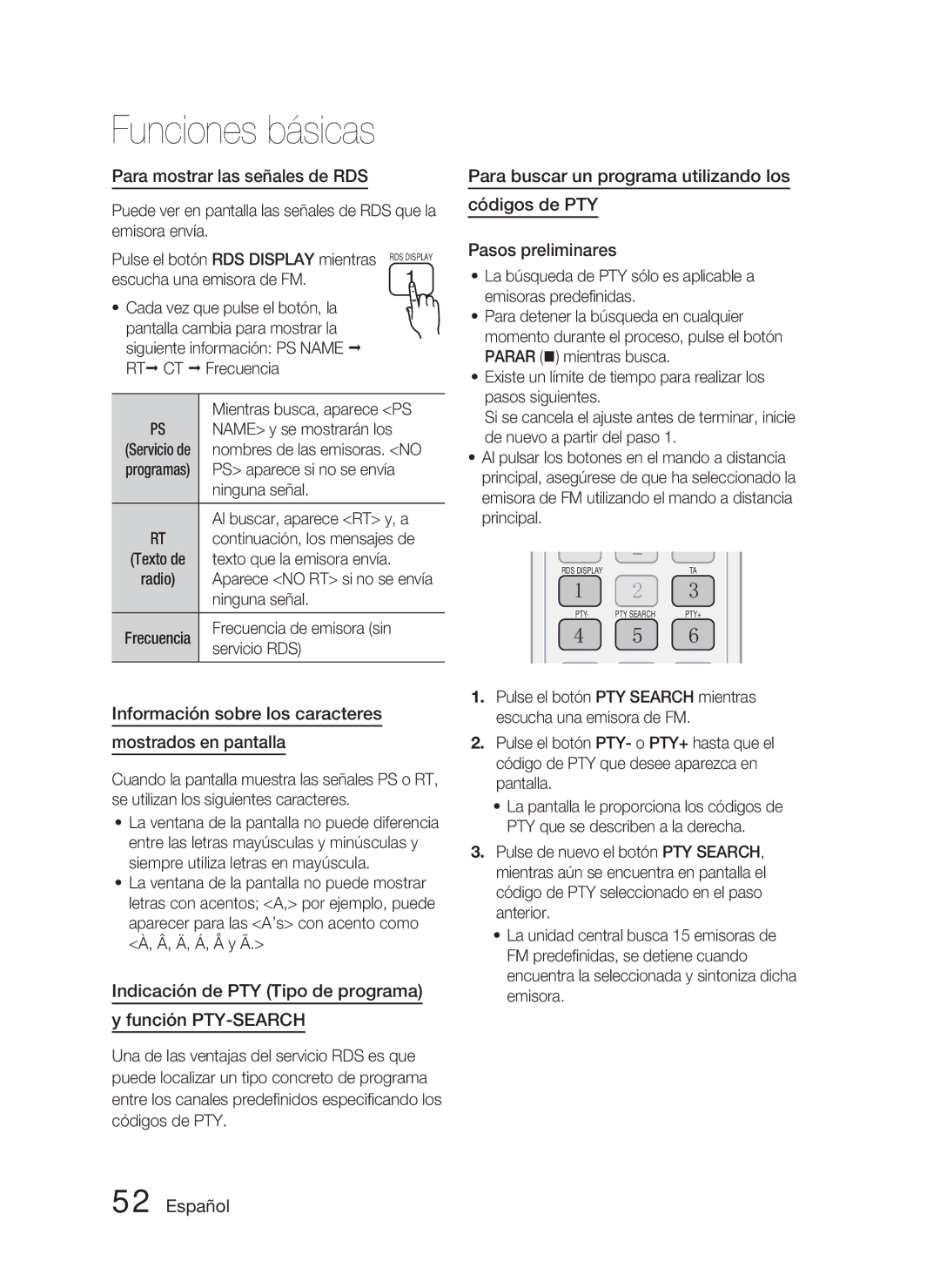 Samsung HT-D4500/ZF manual Para mostrar las señales de RDS, Información sobre los caracteres Mostrados en pantalla, Rt Ct 