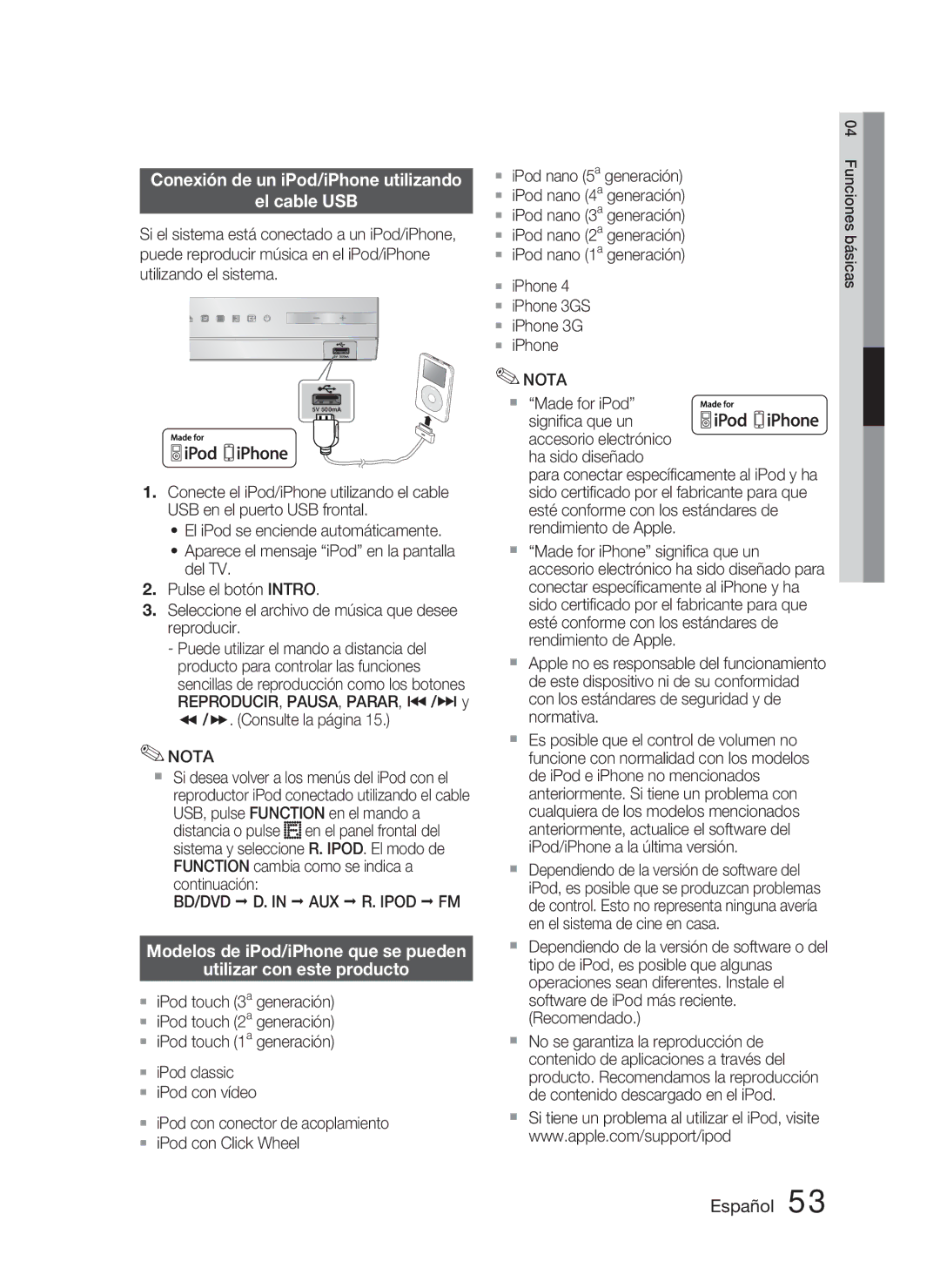 Samsung HT-D4500/ZF manual Conexión de un iPod/iPhone utilizando El cable USB,  /. Consulte la página,  Made for iPod 