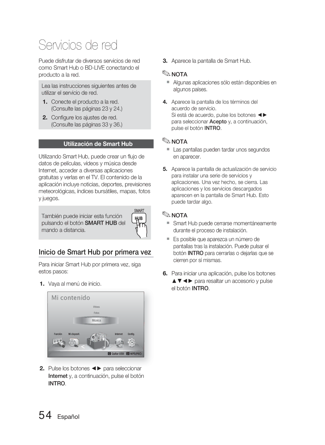 Samsung HT-D4500/ZF manual Servicios de red, Inicio de Smart Hub por primera vez, Utilización de Smart Hub 