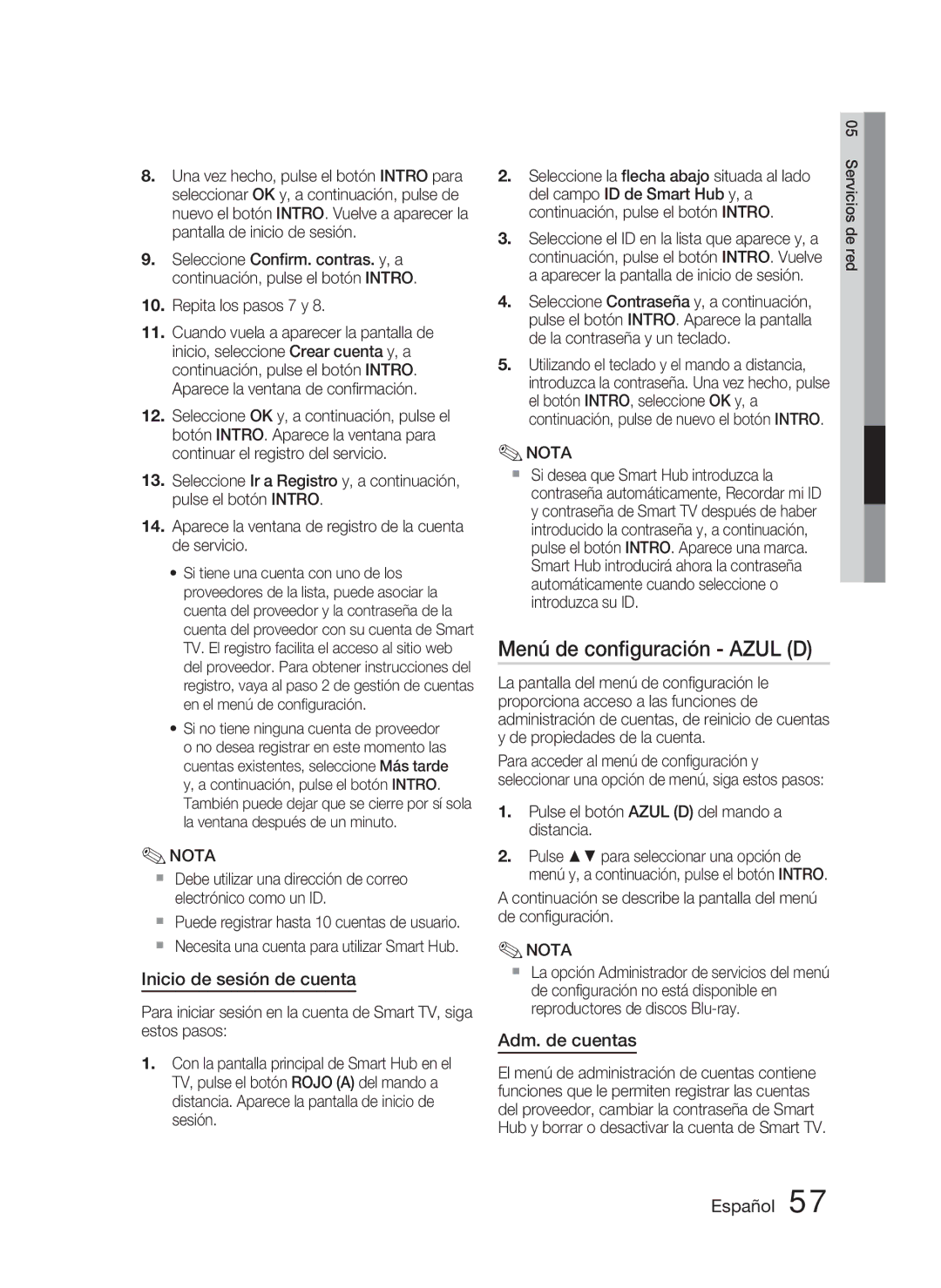 Samsung HT-D4500/ZF manual Menú de conﬁguración Azul D, Inicio de sesión de cuenta, Adm. de cuentas, Servicios 