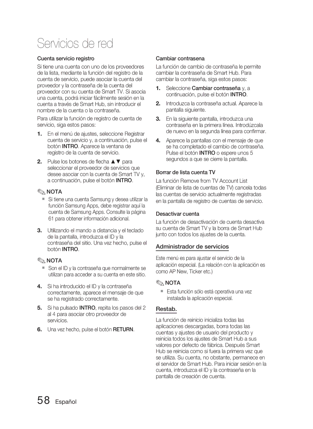 Samsung HT-D4500/ZF manual Administrador de servicios, Restab, Cuenta servicio registro, Borrar de lista cuenta TV 