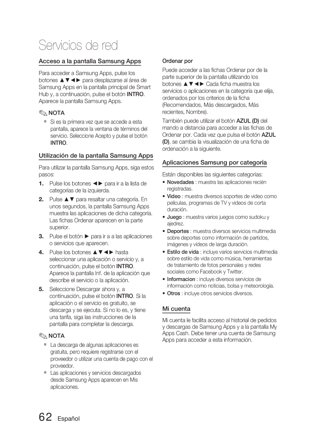 Samsung HT-D4500/ZF manual Acceso a la pantalla Samsung Apps, Utilización de la pantalla Samsung Apps, Mi cuenta 