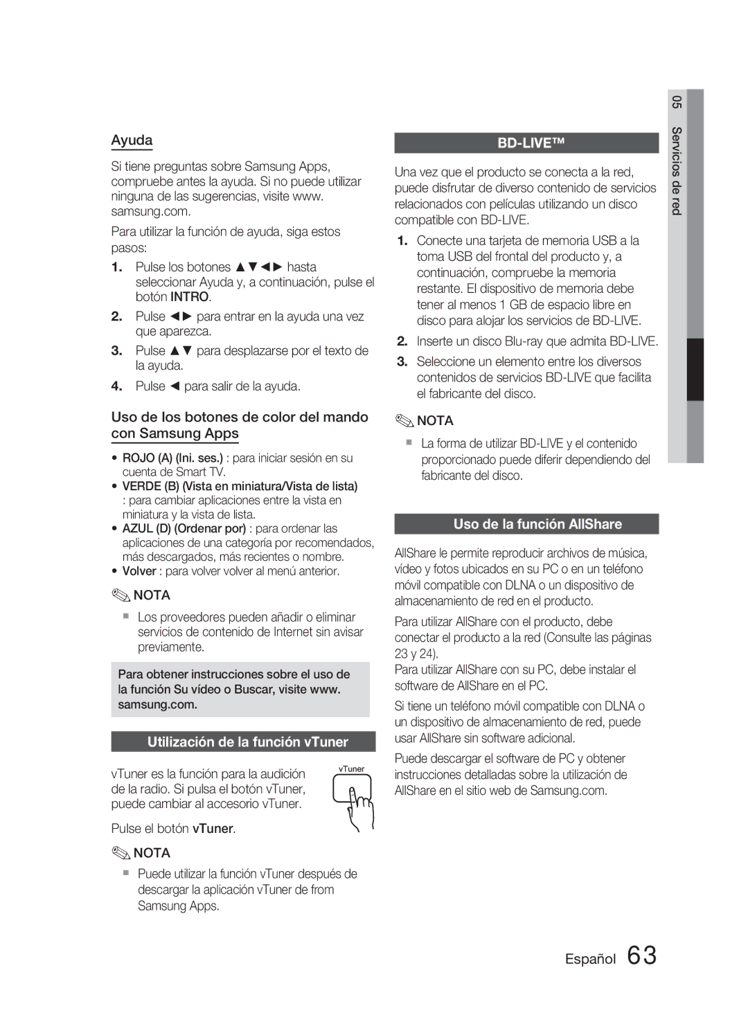 Samsung HT-D4500/ZF manual Ayuda, Uso de los botones de color del mando con Samsung Apps, Utilización de la función vTuner 