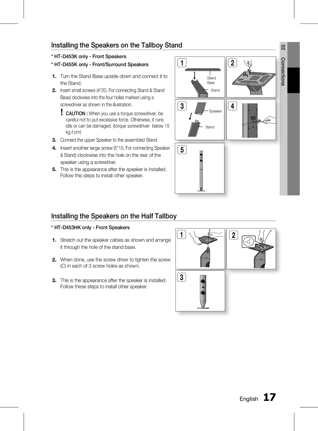 Samsung HT-D455K/XV, HT-D453HK/XV Installing the Speakers on the Tallboy Stand, English 1, Each of 3 screw holes as shown 