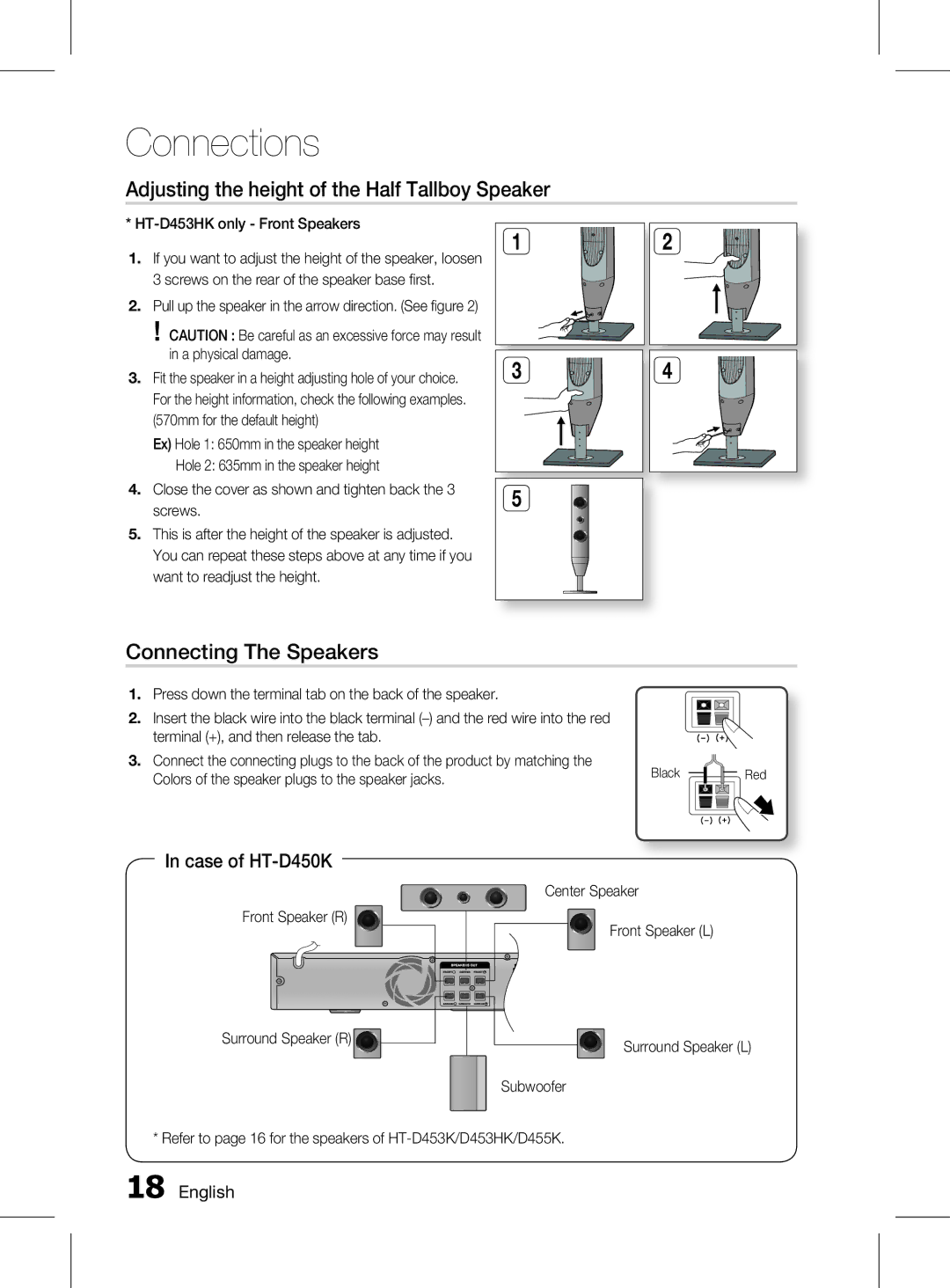 Samsung HT-D453HK/XV manual Adjusting the height of the Half Tallboy Speaker, Connecting The Speakers, Case of HT-D450K 