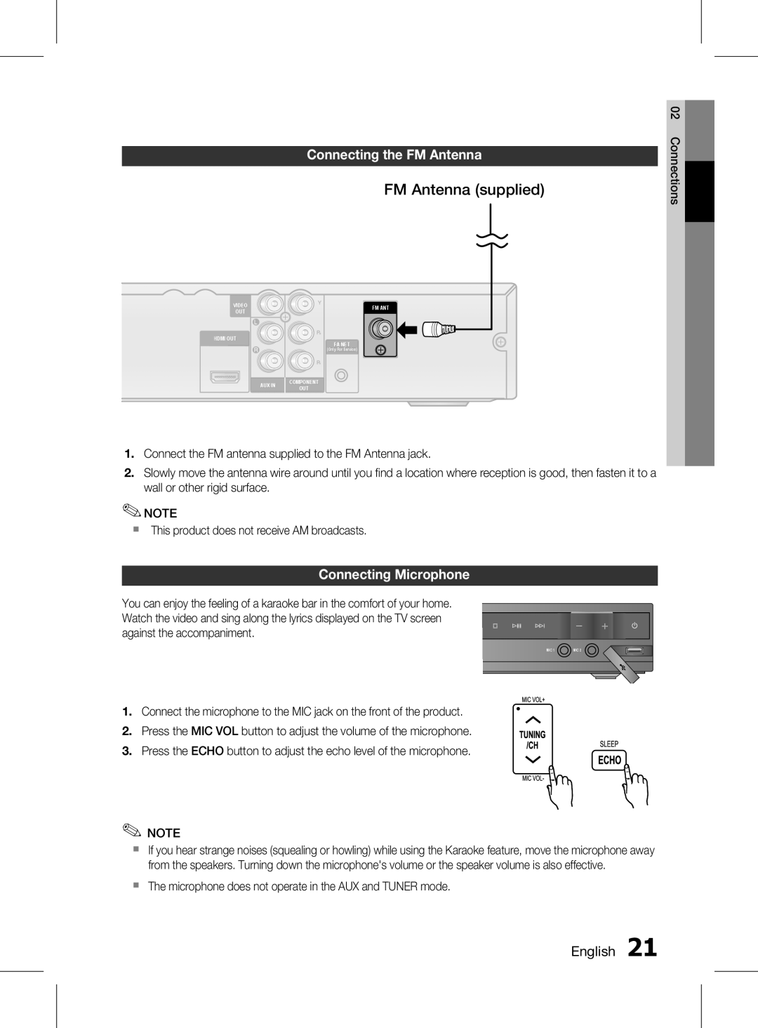 Samsung HT-D453HK/XV, HT-D453K/XV manual FM Antenna supplied, Connecting the fm Antenna, Connecting microphone, English 1 