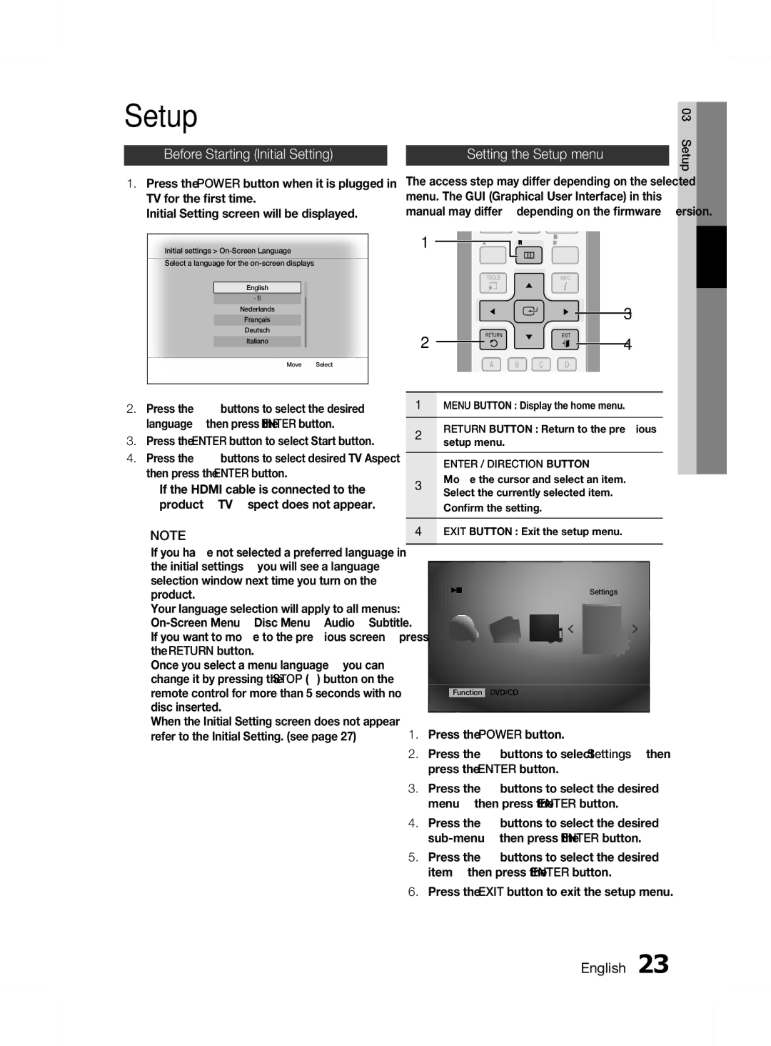 Samsung HT-D455K/XV, HT-D453HK/XV, HT-D453K/XV manual Before Starting Initial Setting, Setting the Setup menu, English  