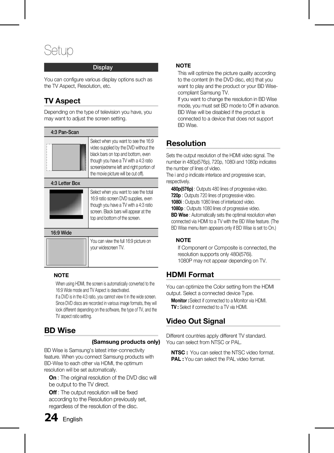 Samsung HT-D453HK/XV, HT-D453K/XV, HT-D455K/XV manual TV Aspect, BD Wise, Resolution, Hdmi Format, Video Out Signal 