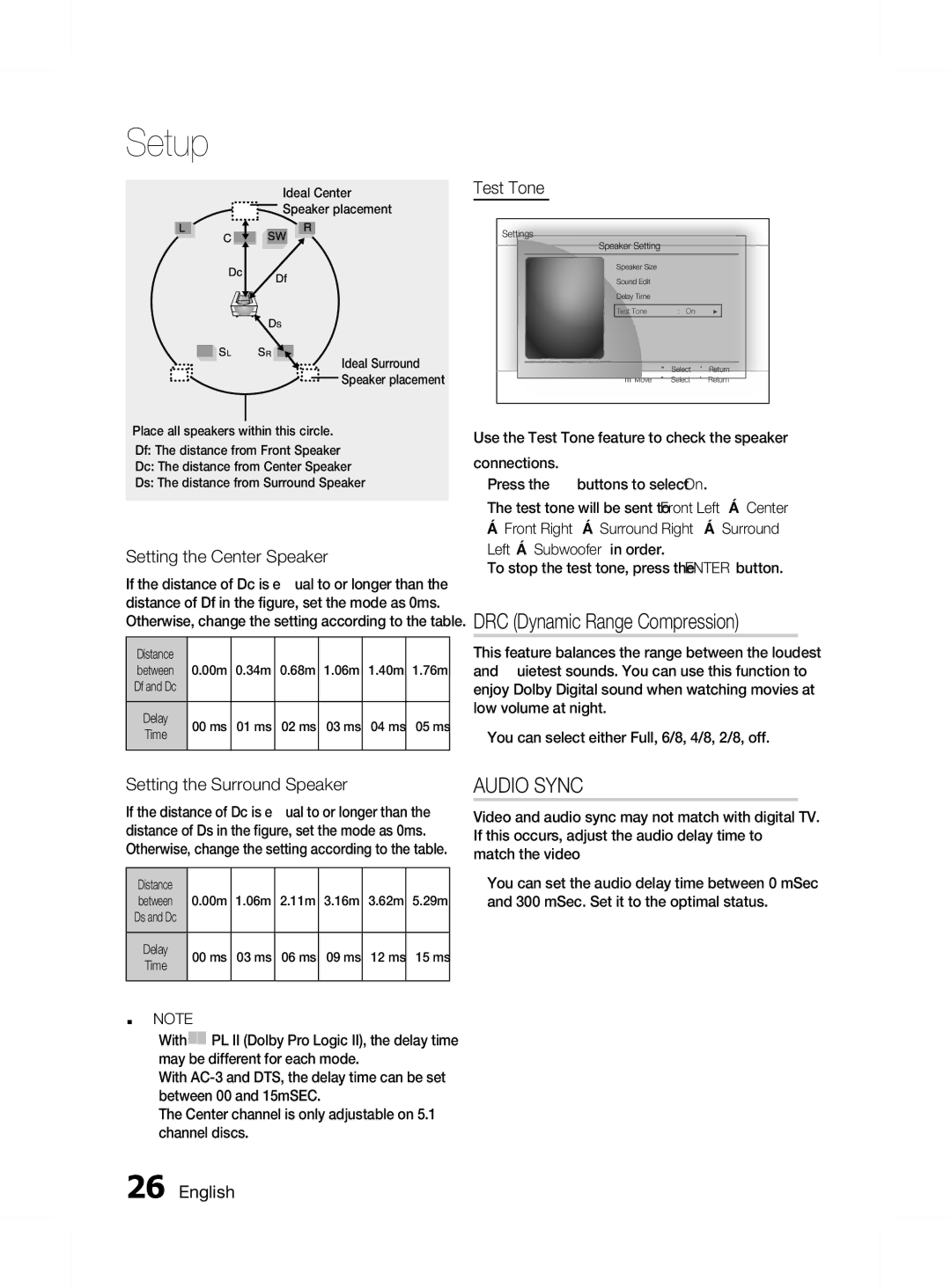 Samsung HT-D455K/XV DRC Dynamic Range Compression, Setting the Center Speaker, Test Tone, Setting the Surround Speaker 