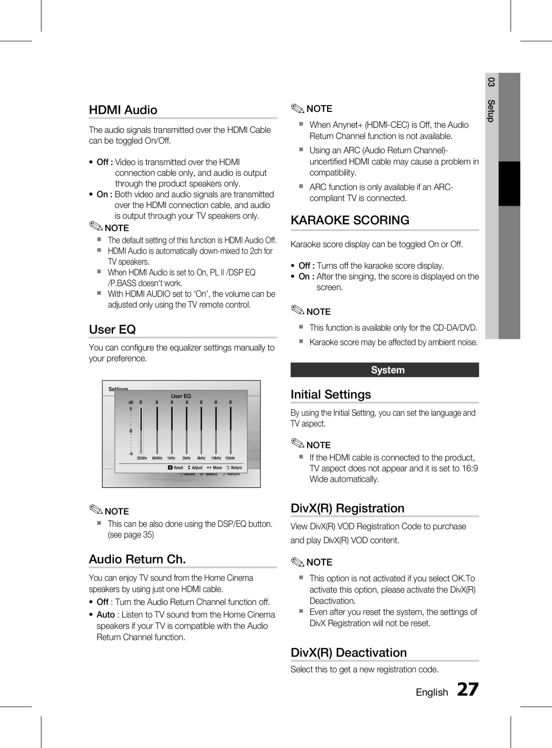 Samsung HT-D453HK/XV manual Hdmi Audio, User EQ, Audio Return Ch, Initial Settings, DivXR Registration, DivXR Deactivation 