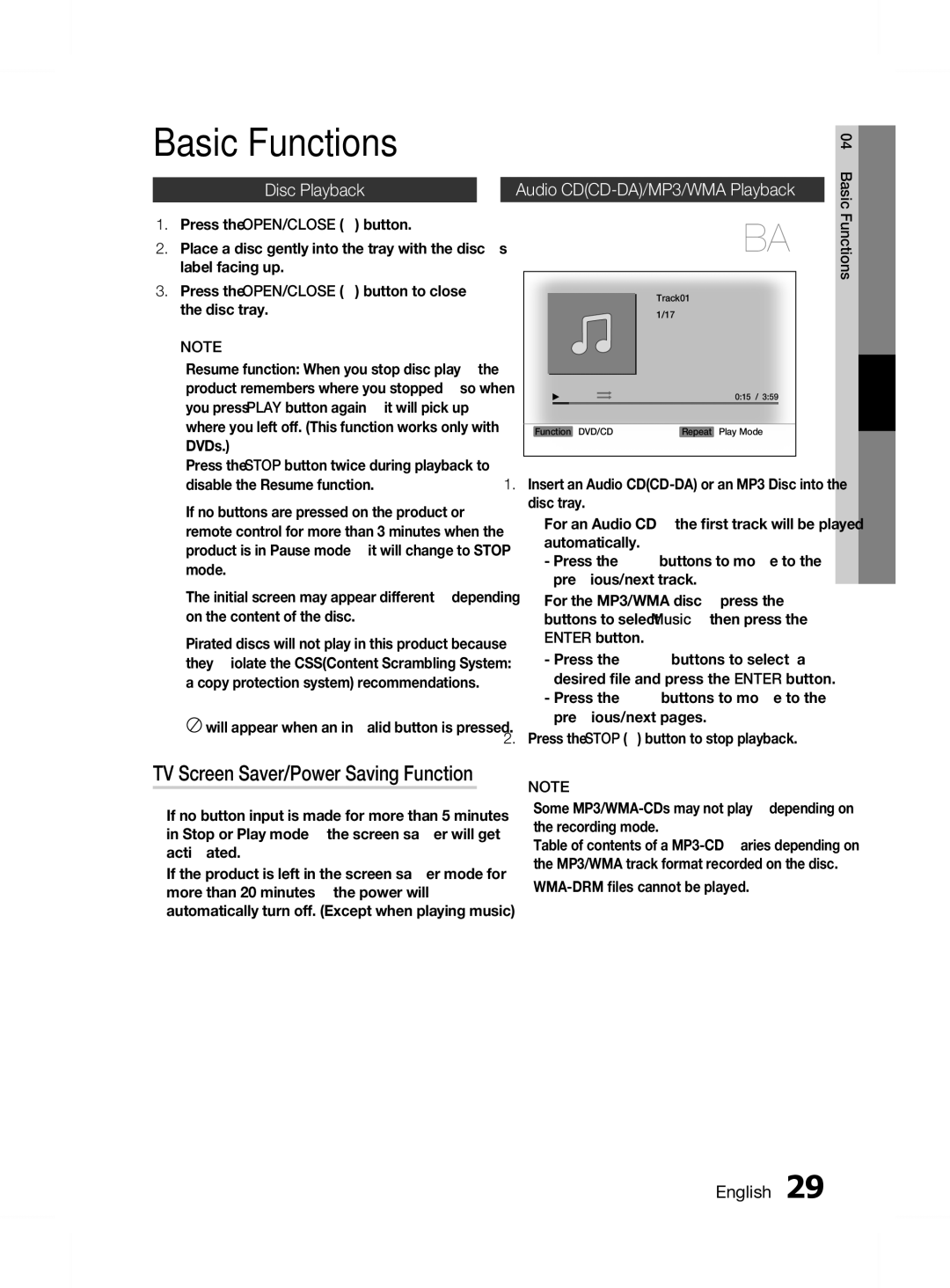 Samsung HT-D455K/XV Basic Functions, TV Screen Saver/Power Saving Function, Disc Playback, Audio CDCD-DA/MP3/WMA Playback 