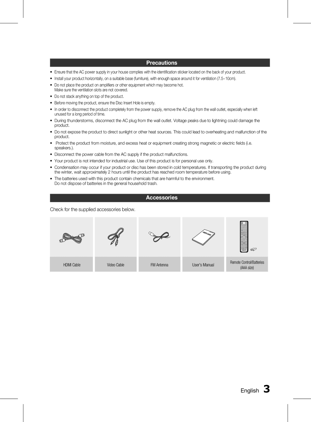 Samsung HT-D453HK/XV, HT-D453K/XV manual Precautions, Accessories, English , Check for the supplied accessories below 