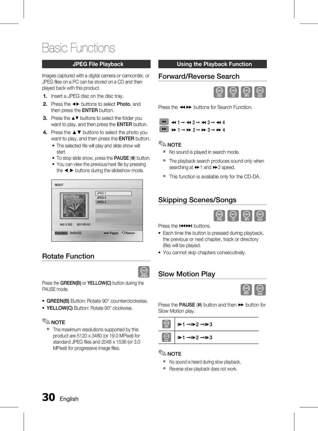 Samsung HT-D453HK/XV, HT-D453K/XV manual Rotate Function, Forward/Reverse Search, Skipping Scenes/Songs, Slow Motion Play 