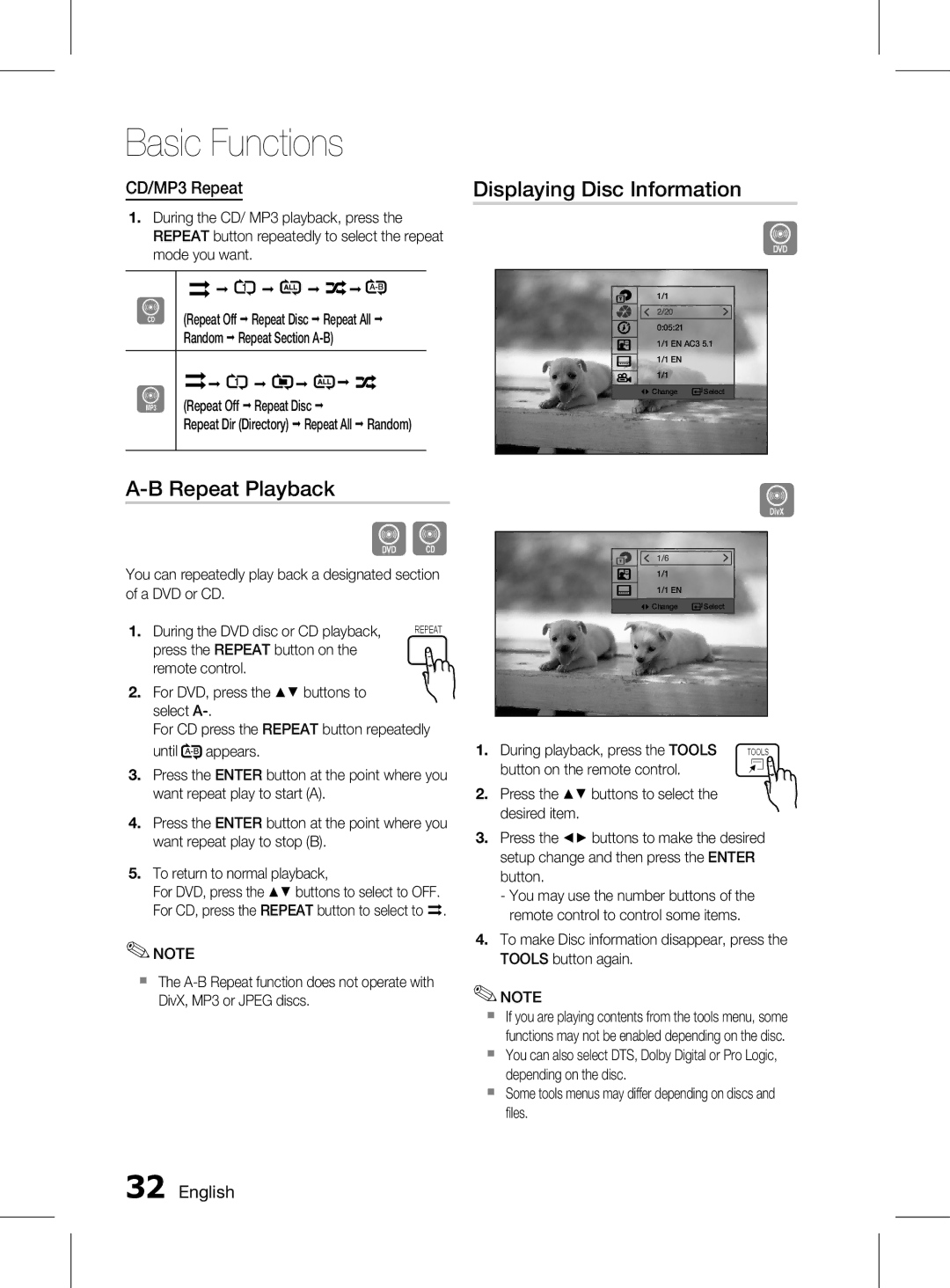 Samsung HT-D455K/XV, HT-D453HK/XV, HT-D453K/XV Displaying Disc Information, CD/MP3 Repeat, During playback, press the Tools 