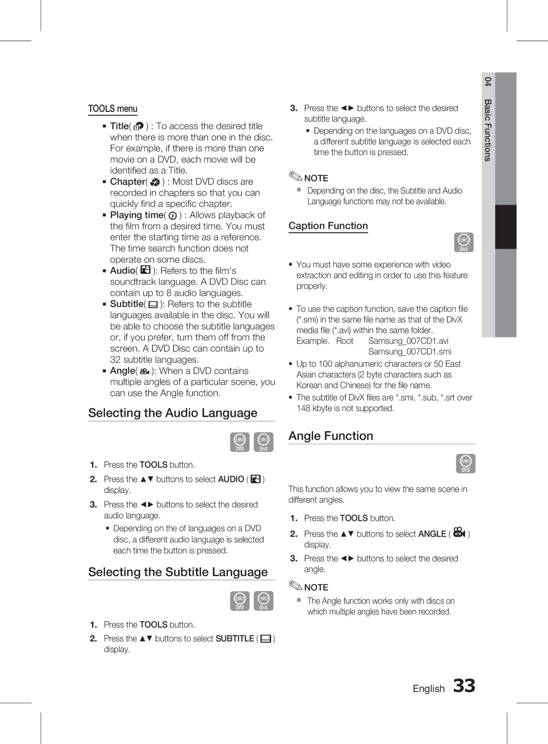 Samsung HT-D453HK/XV manual Selecting the Audio Language, Selecting the Subtitle Language, Angle Function, Tools menu 