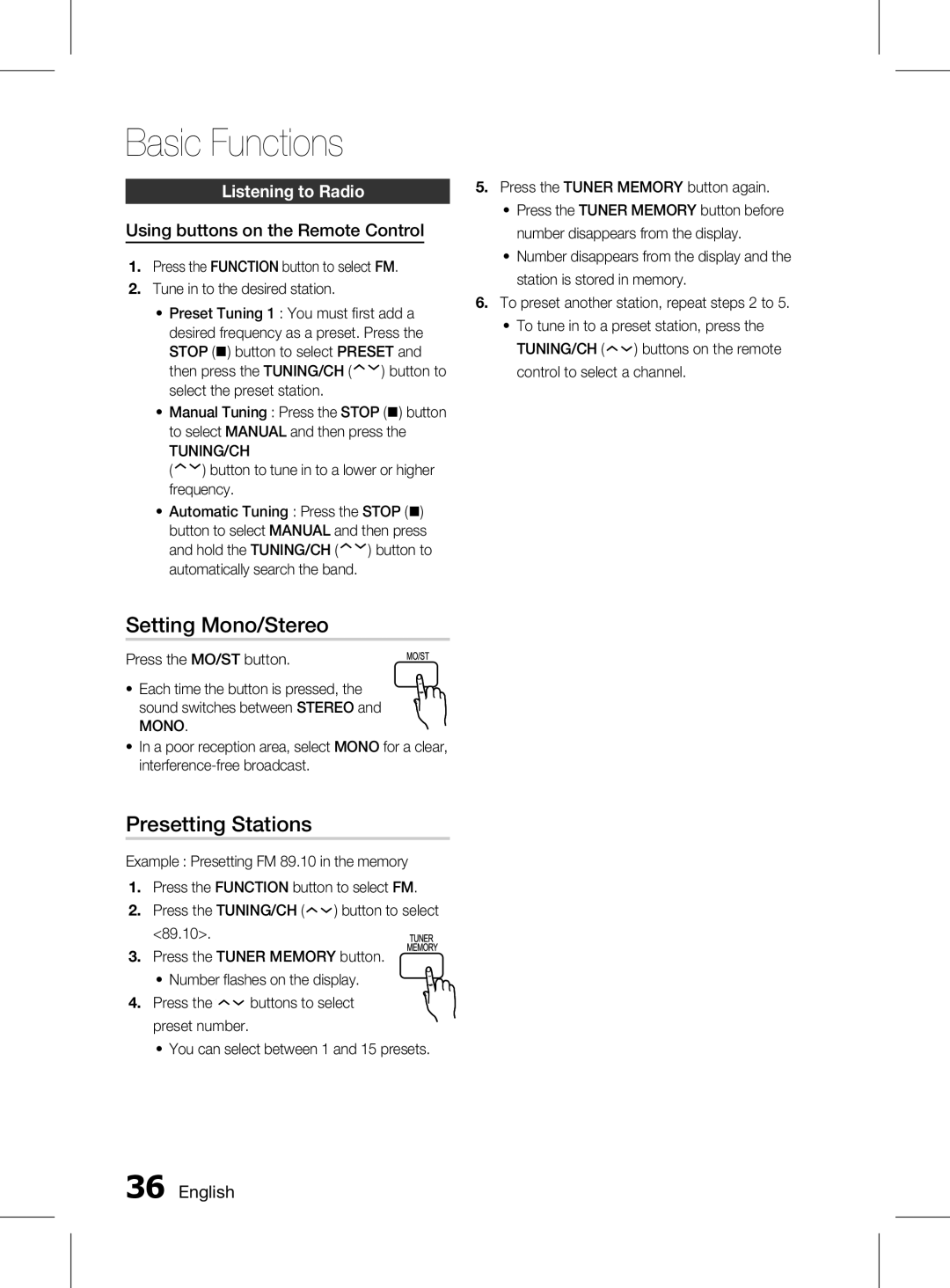 Samsung HT-D453HK/XV Setting Mono/Stereo, Presetting Stations, Listening to Radio, Using buttons on the Remote Control 