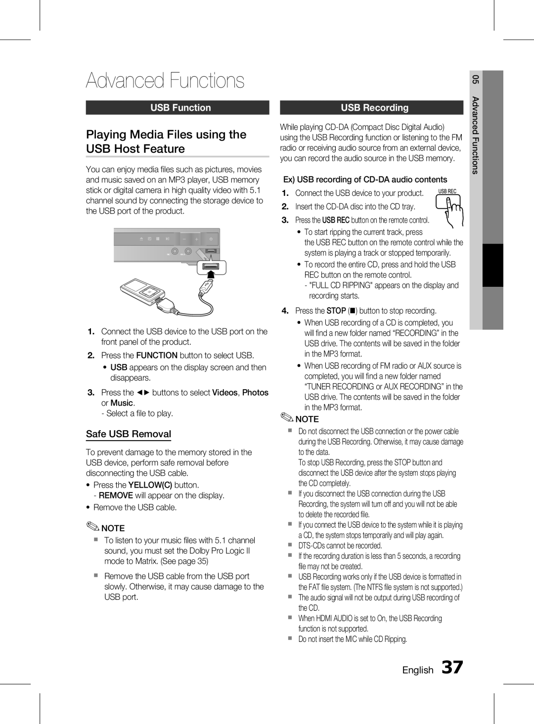 Samsung HT-D453K/XV manual Playing Media Files using the USB Host Feature, USB function, Safe USB Removal, USB Recording 