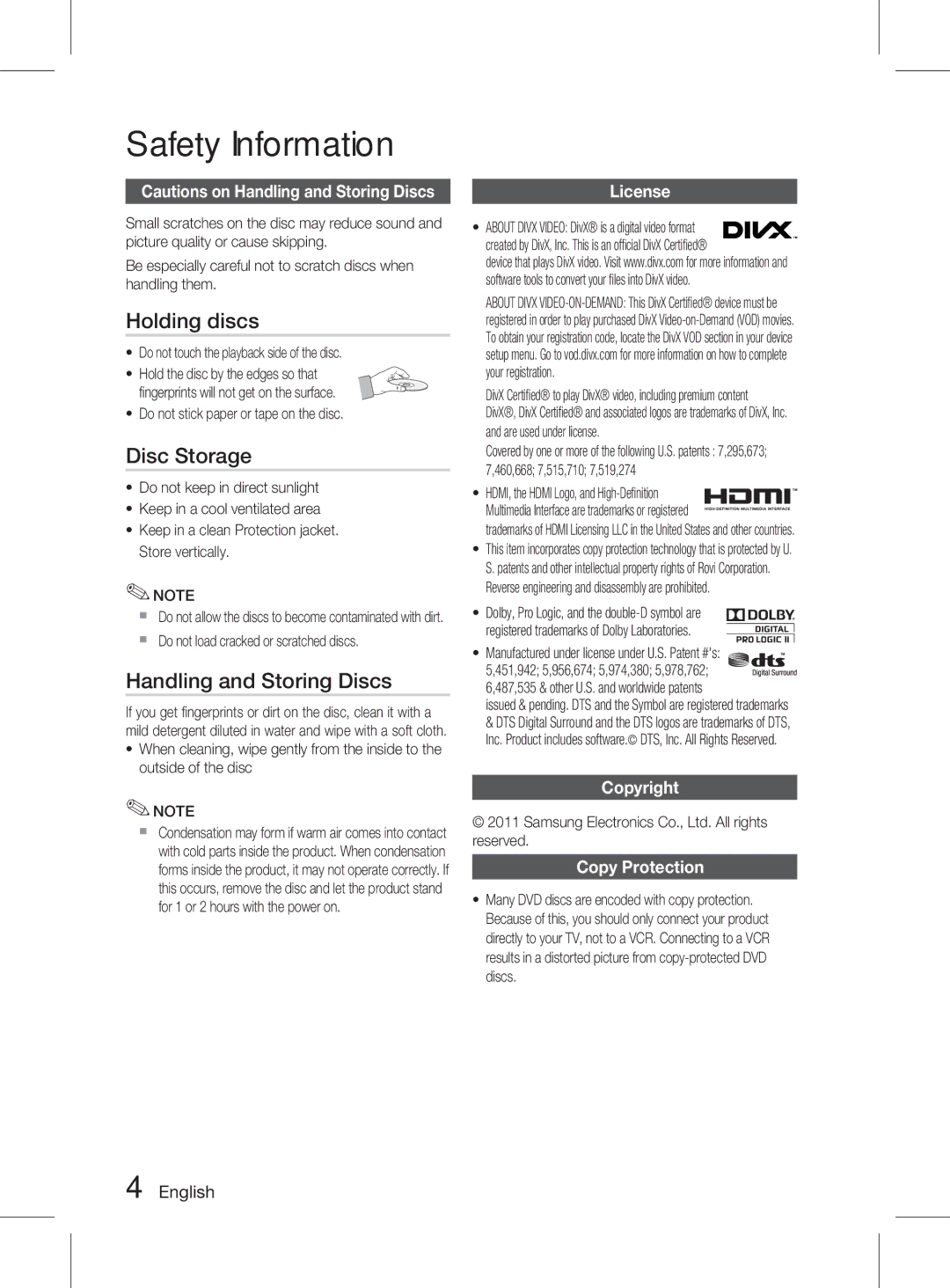 Samsung HT-D453K/XV, HT-D453HK/XV manual Holding discs, Disc Storage, Handling and Storing Discs, Copyright Copy Protection 