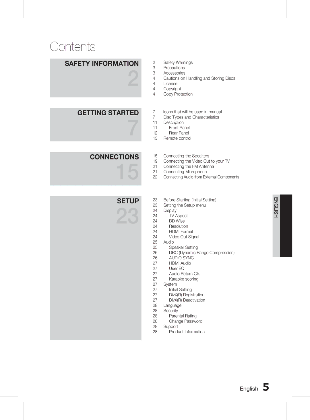 Samsung HT-D455K/XV, HT-D453HK/XV, HT-D453K/XV manual Contents 