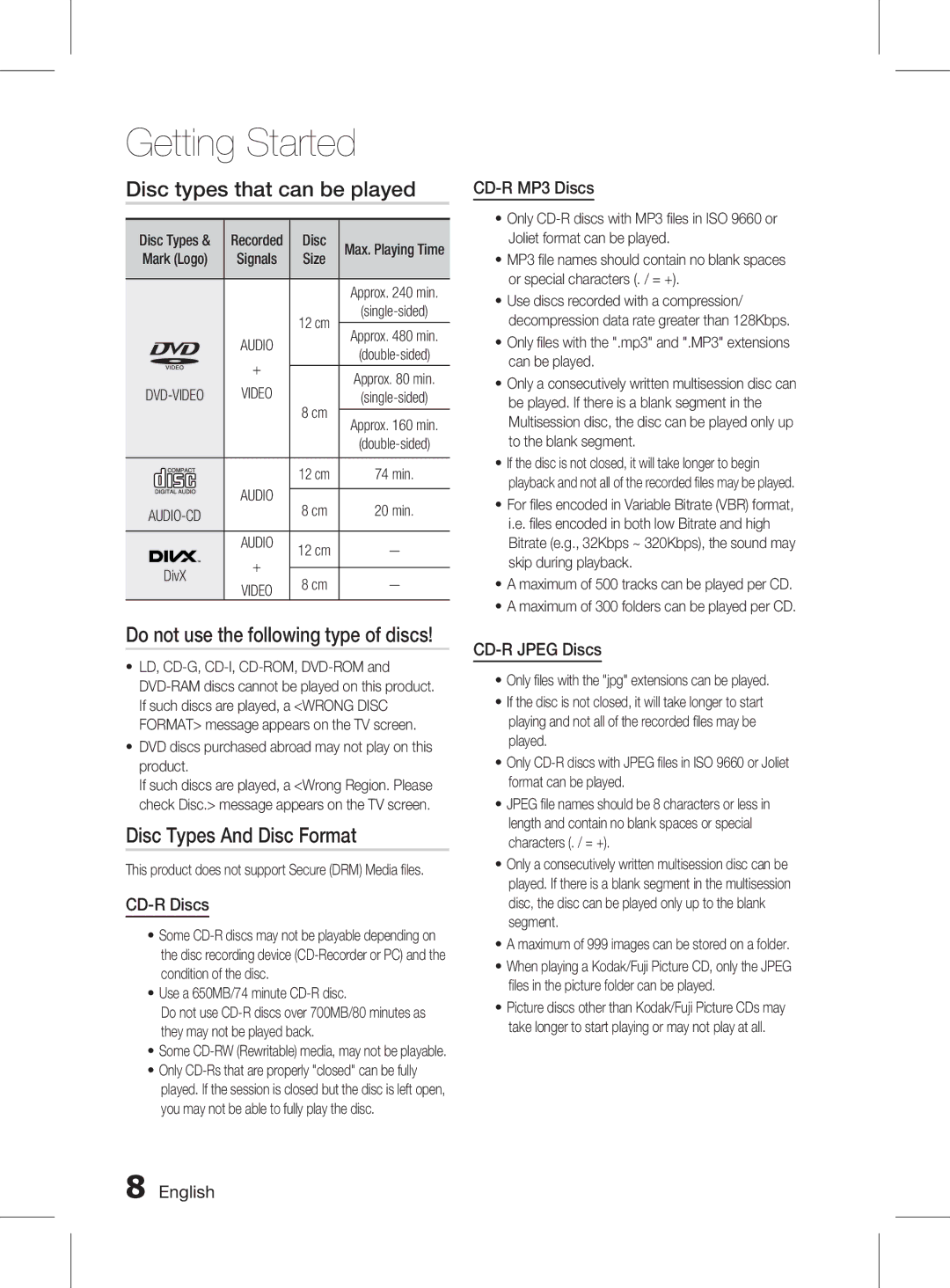 Samsung HT-D455K/XV Disc types that can be played, Disc Types And Disc Format, CD-R Discs, CD-R MP3 Discs, CD-R Jpeg Discs 