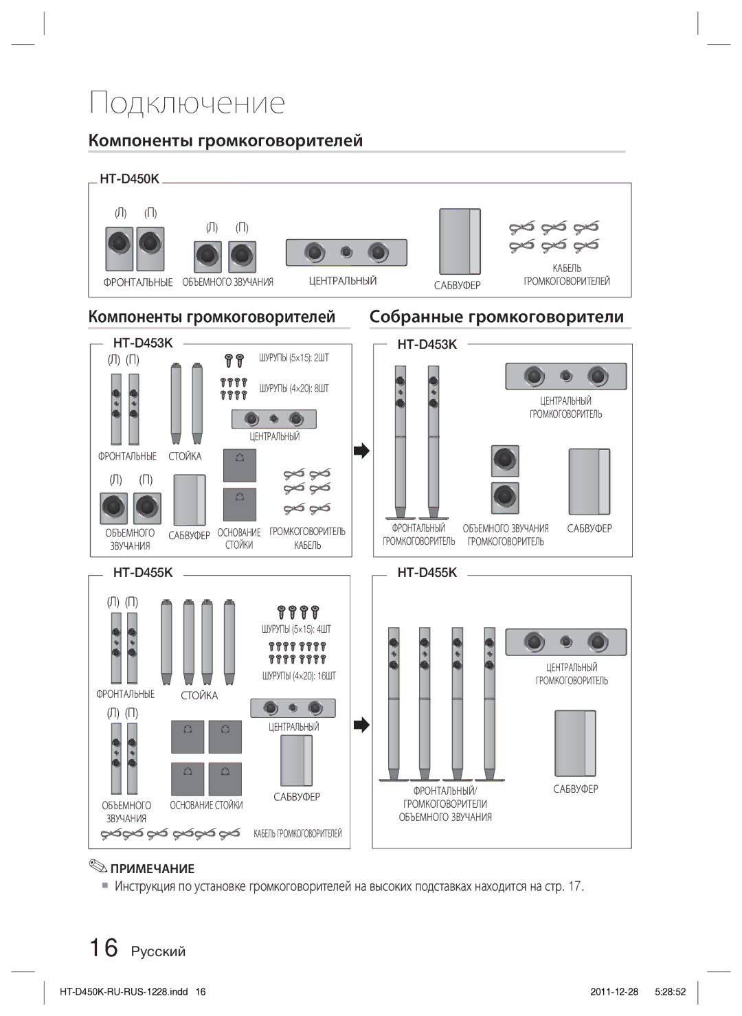 Samsung HT-D453K/RU manual Компоненты громкоговорителей Собранные громкоговорители, HT-D450K, HT-D455K 