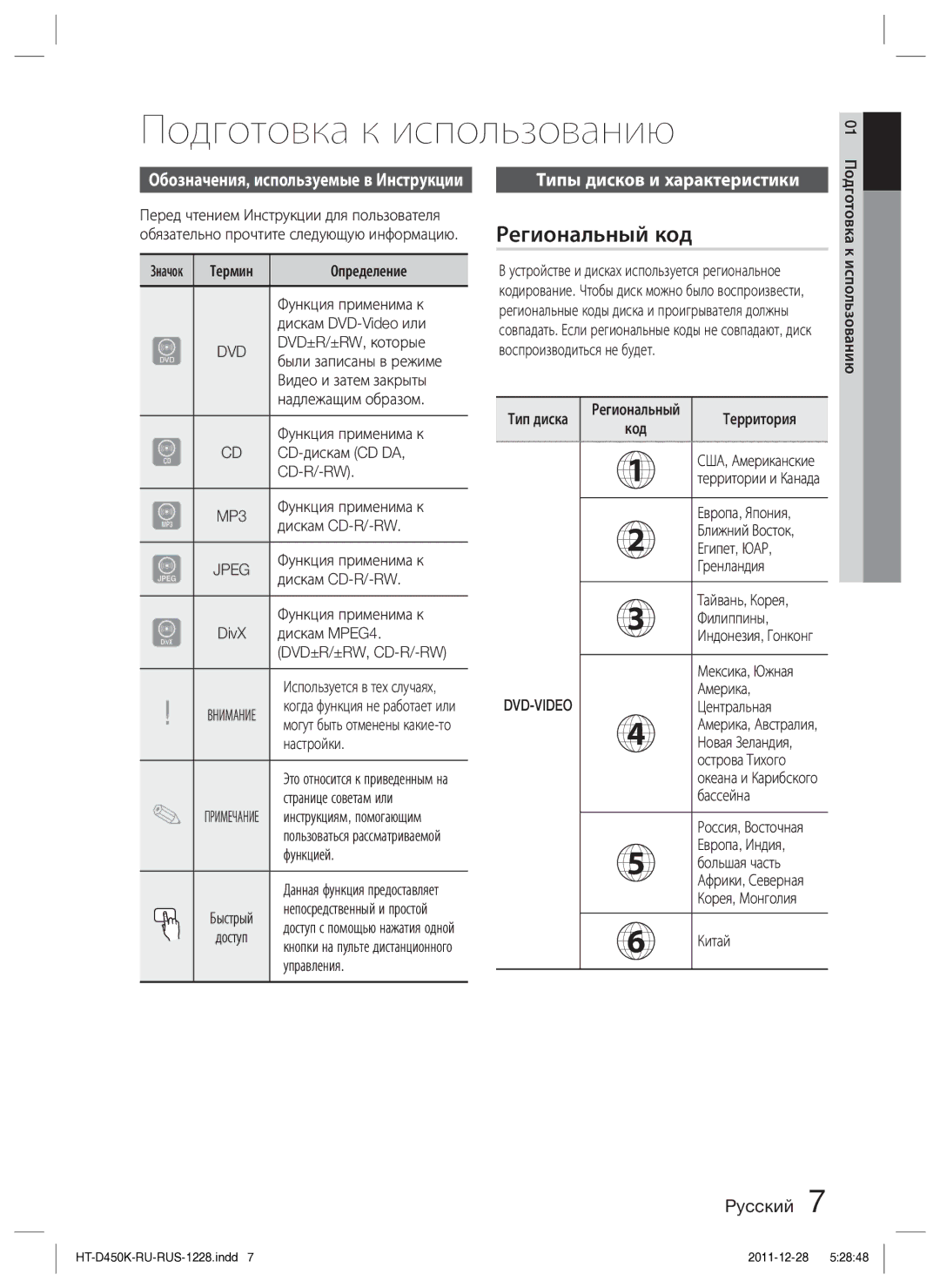 Samsung HT-D453K/RU manual Подготовка к использованию, Региональный код, Типы дисков и характеристики 