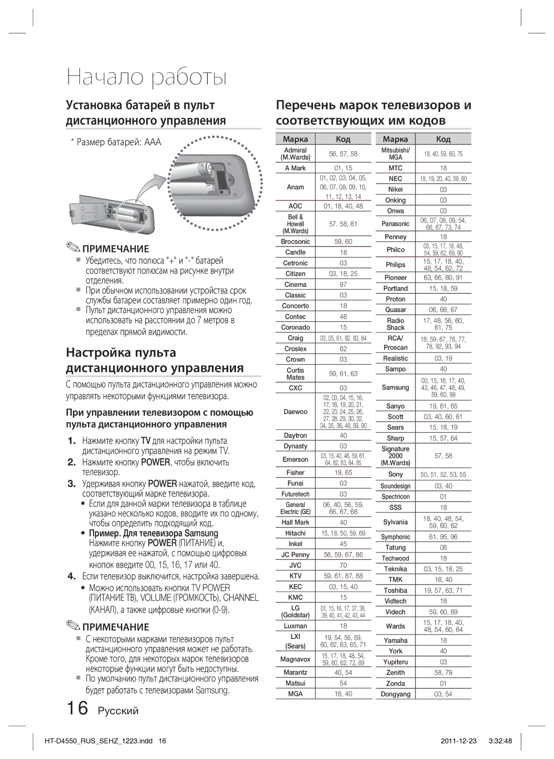 Samsung HT-D4550/RU Перечень марок телевизоров и соответствующих им кодов, Настройка пульта дистанционного управления 