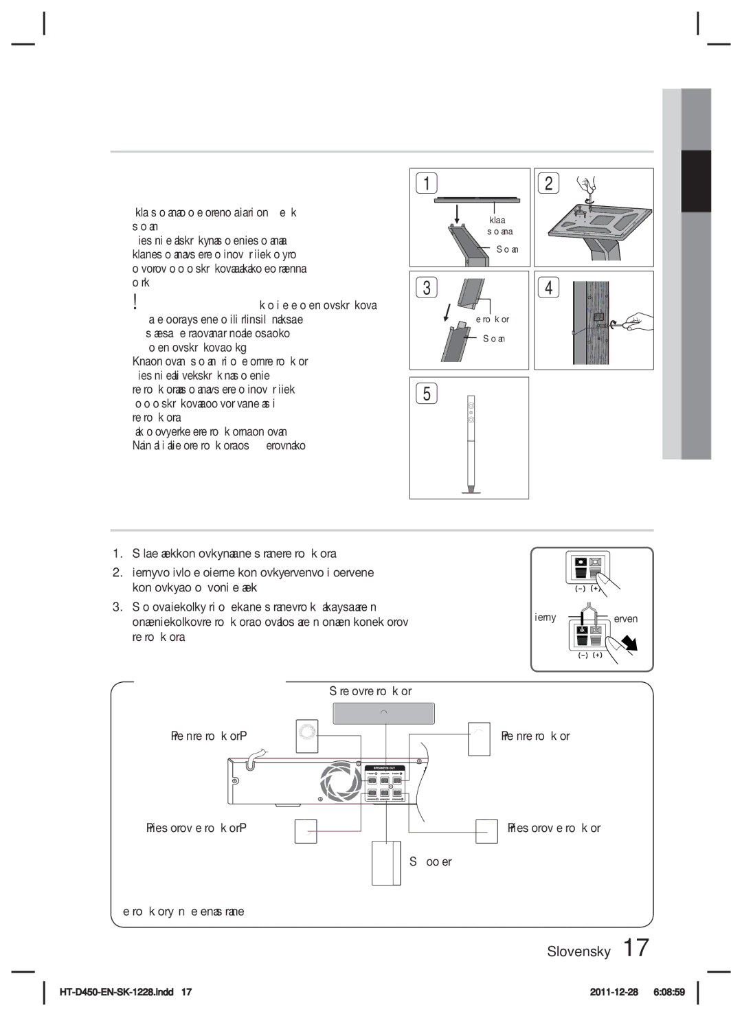 Samsung HT-D455/XY, HT-D455/EN manual Inštalácia reproduktorov na vysoký stojan, Pripojenie reproduktorov, Prípade HT-D450 