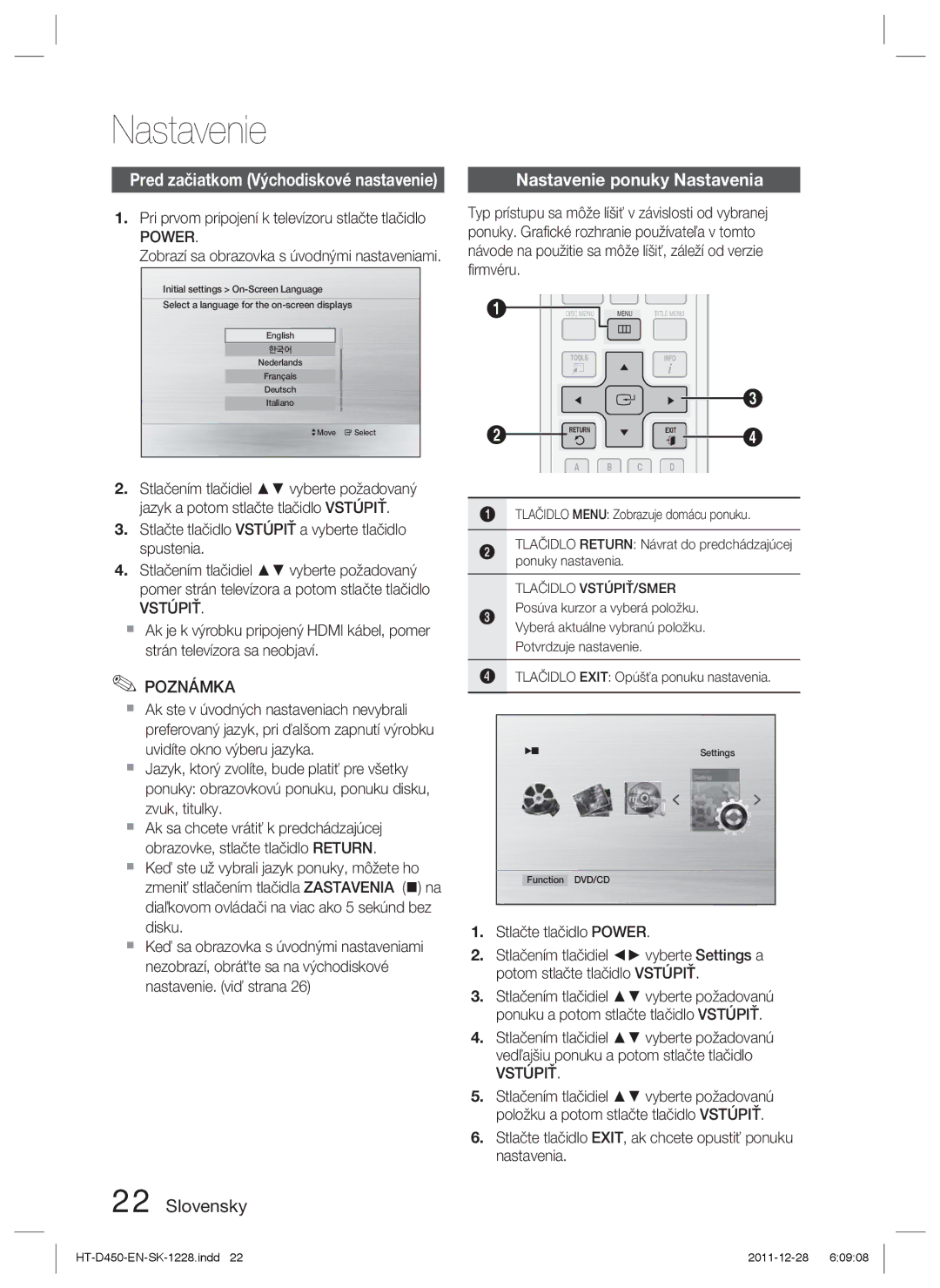 Samsung HT-D455/XE, HT-D455/EN, HT-D455/XY manual Nastavenie ponuky Nastavenia, Power, Vstúpiť 