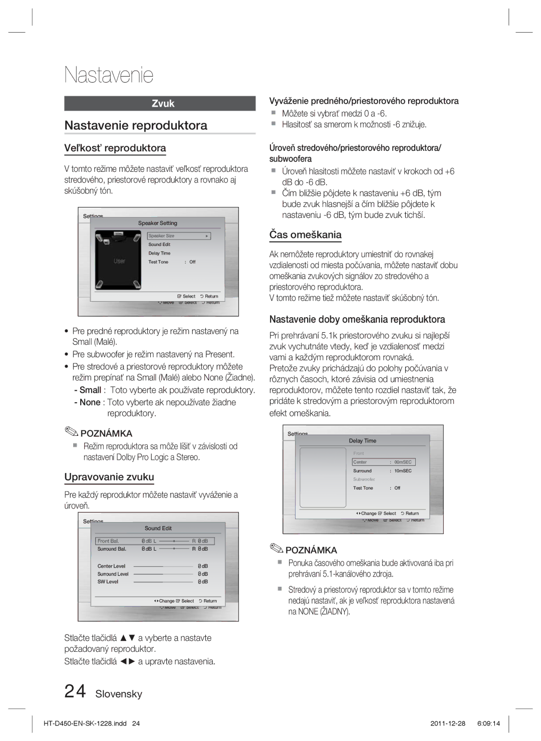 Samsung HT-D455/EN, HT-D455/XE, HT-D455/XY manual Nastavenie reproduktora, Zvuk 